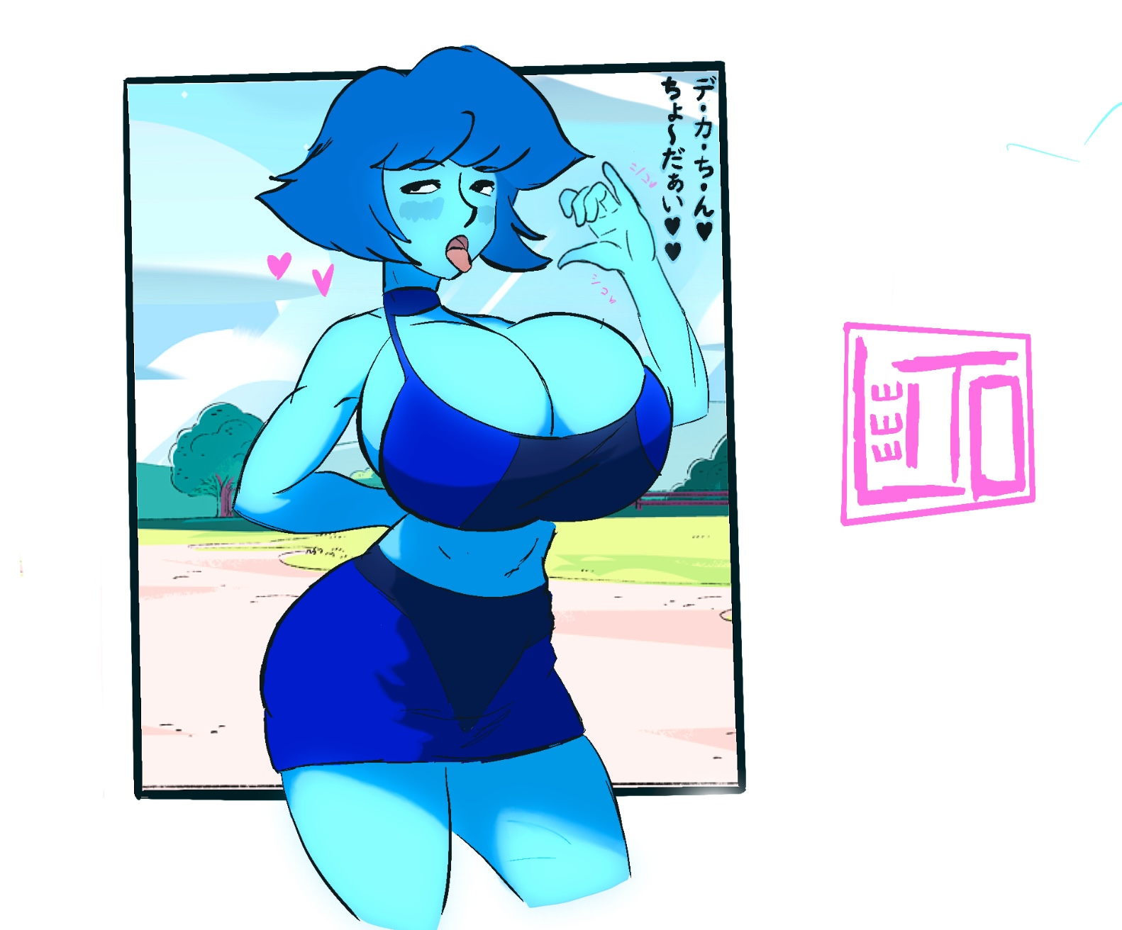 ass, background, big ass, big breasts, big butt, blue body, blue hair, blue skin, breasts, crop top, cum, cum in ass, cum in mouth, cum inside, cum on breasts, cum on face, dress, fellatio gesture, female, handjob, japanese clothes, japanese text, lapis lazuli (steven universe), miniskirt, outside, skirt, steven universe, suggestive, suggestive gesture, suggestive look, suggestive pose, text, tongue, tongue out, topwear