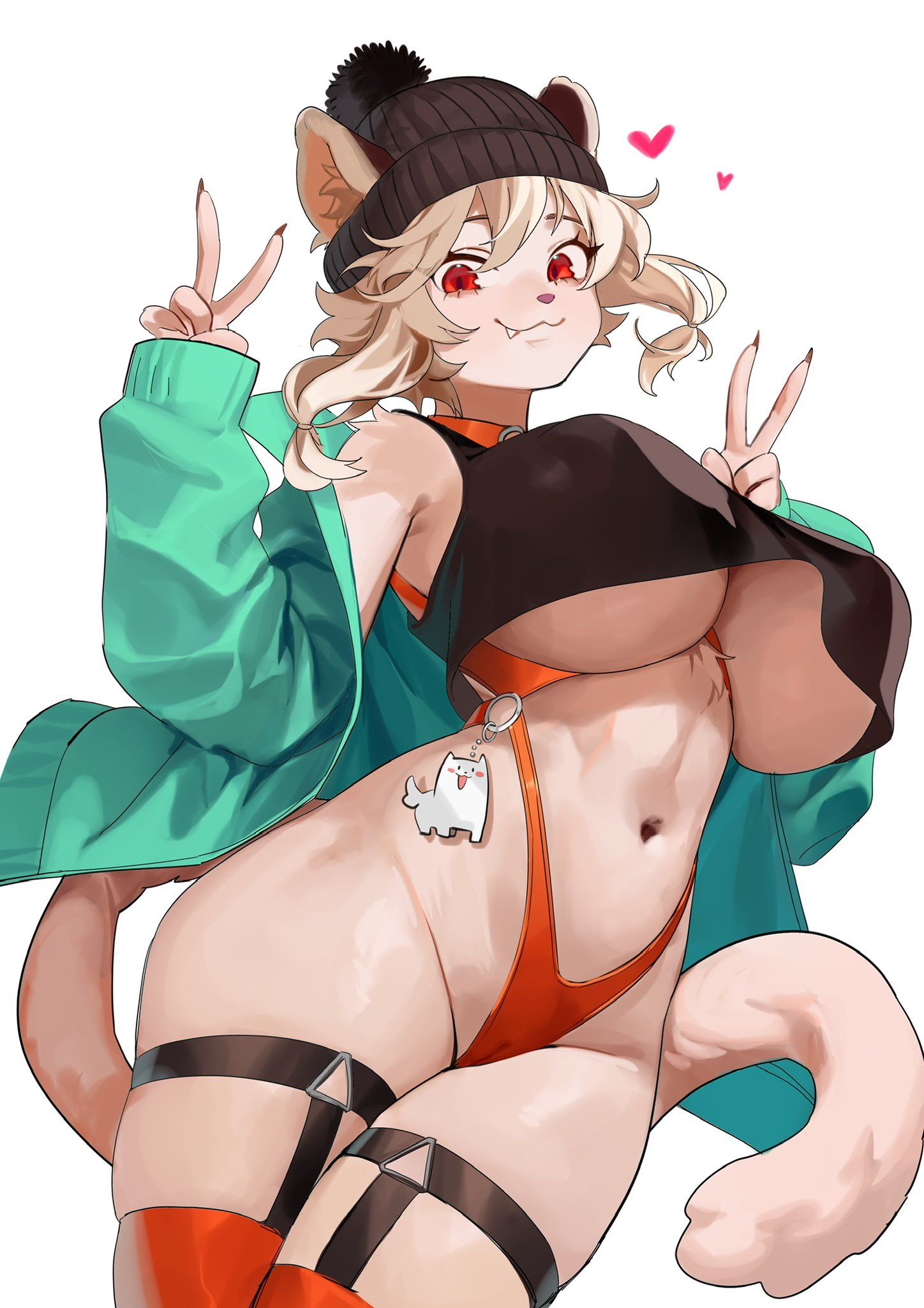 1girls, animal ears, anthro, big breasts, breasts, double v, fang, female, female only, frankie (extremedash), heart, hi res, jacket, legwear, lion, lion ears, lion tail, looking at viewer, nia (nia4294), original, pantherine, red eyes, slit pupils, smiling, smiling at viewer, solo, tail, tank top, thick thighs, thigh squish, underboob, v sign, white background, white hair, wide hips