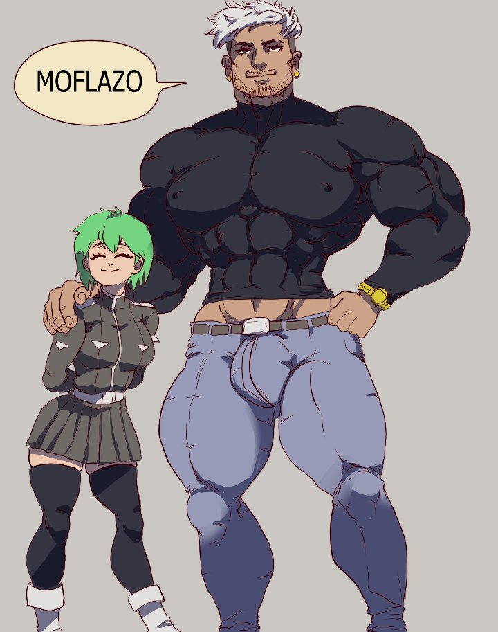 1boy 1girls big_breasts black_legwear bulge escroto_mojado female green_hair ho_chi_ming! kasaneru_(character) maau male messirve muscular_male one_coin smaller_female text_bubble thick_thighs white_hair wide_hips youtube youtube_hispanic