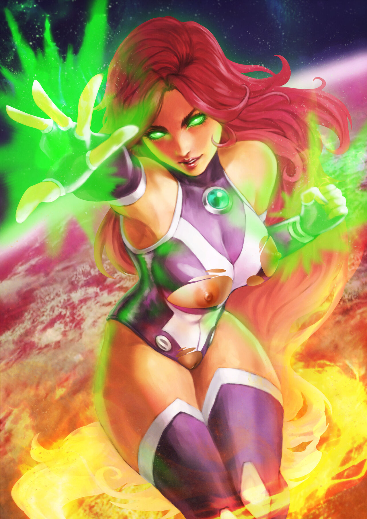 2d, dc, dc comics, earth, exposed nipples, exposed pussy, female, functionally nude, glowing eyes, green eyes, koriand'r, leotard, monorirogue, pussy, red hair, ripped clothing, space, starfire, starfire (comics), superheroine, teen titans, torn clothes