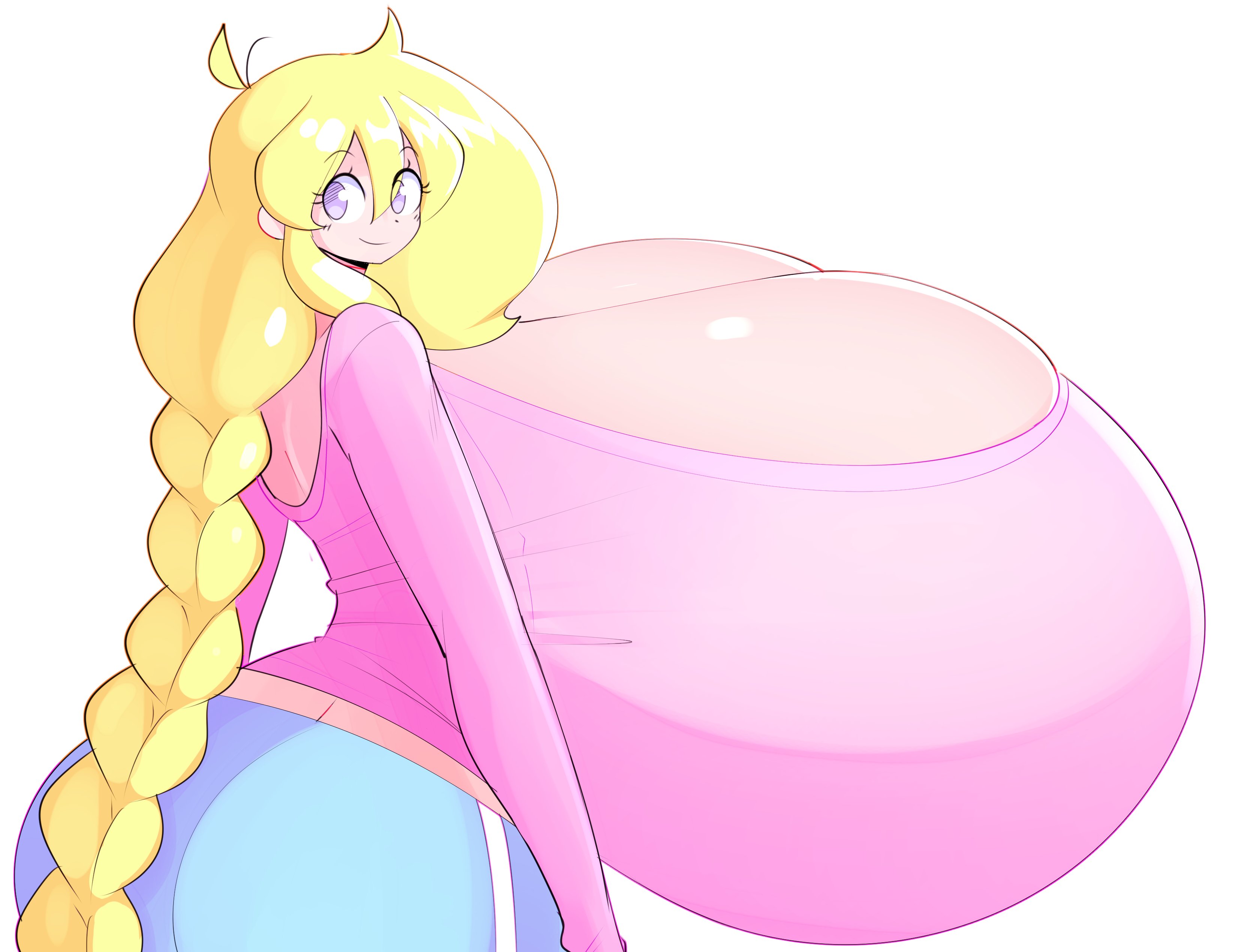 1girls, ass, big ass, big breasts, blonde hair, braid, braided hair, breasts, cassie (theycallhimcake), cleavage, fat ass, female, female focus, female only, fully clothed, giant breasts, gigantic breasts, huge ass, huge breasts, huge cleavage, hyper, hyper breasts, long hair, massive breasts, purple eyes, smile, solo, theycallhimcake, thick ass, top heavy, wide hips