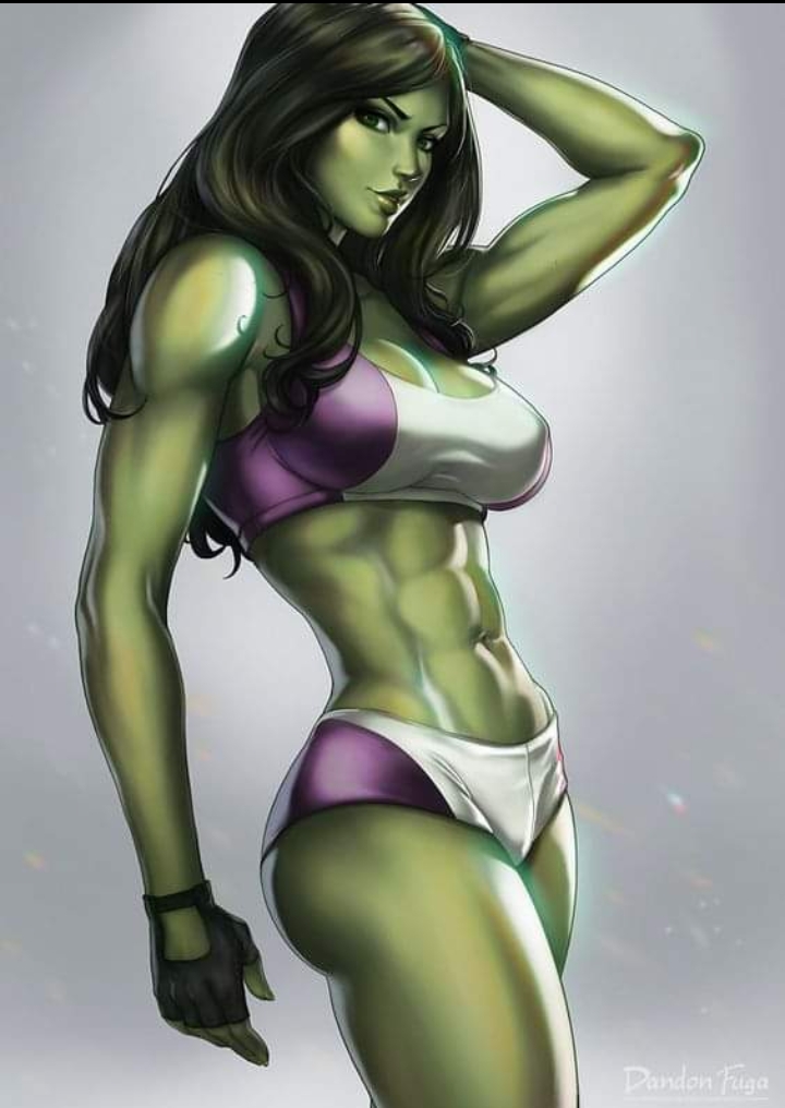 1girls, abs, artist name, big breasts, black hair, breasts, clothed, curvy, curvy female, curvy figure, dandon fuga, female, female only, fingerless gloves, gloves, green skin, hulk (series), long hair, looking at viewer, marvel, marvel comics, navel, she-hulk, solo, sports bra, sports shorts, superheroine, tight clothing, toned, toned female