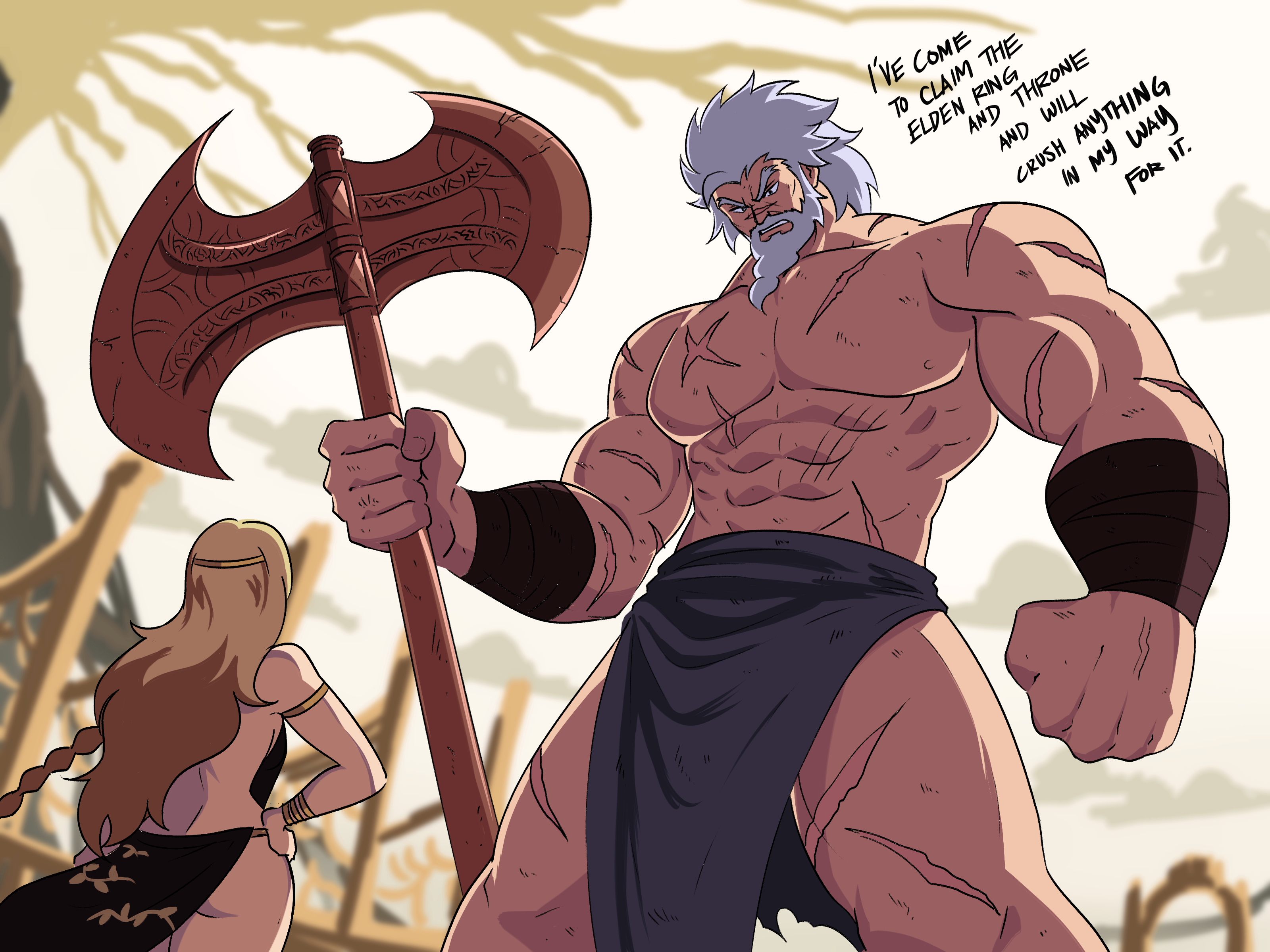 1boy, 1girls, 4:3, ass, big ass, big breasts, blonde hair, breasts, canon couple, cleavage, comic, defeated, elden ring, english text, female, fromsoftware, goddess, godfrey first elden lord, light skin, light-skinned female, male, muscular, muscular male, queen marika the eternal, sideboob, text, tinafate1