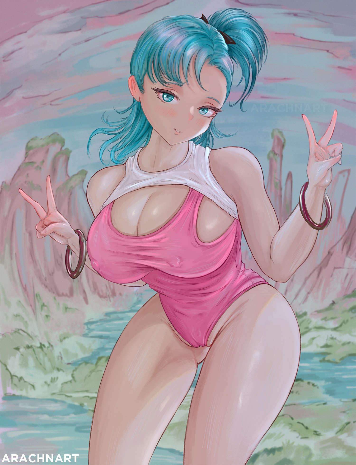 1girls, arachnart, big breasts, blue eyes, blue hair, blue-haired female, breasts, bulma briefs, dragon ball, dragon ball (classic), female, female only, hi res, highres, light skin, light-skinned female, looking at viewer, nipples, nipples visible through clothing, one-piece swimsuit, solo, teenager, thick thighs, tight clothing, tight fit