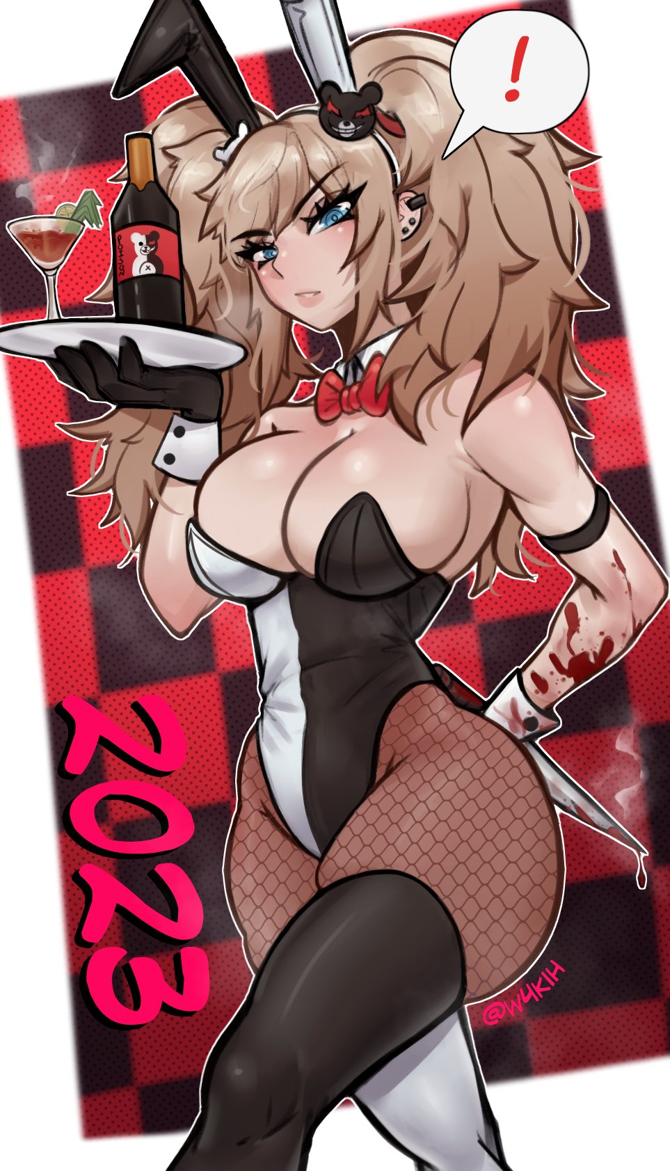 1girls, 2d, blonde hair, blood, blue eyes, blush, breasts, bunny ears, bunny girl, bunnysuit, danganronpa, embarrassed, female, fishnets, hair ornament, highleg leotard, hips, holding object, huge breasts, junko enoshima, knife, leotard, long hair, nonude, object behind back, smooth skin, thick thighs, thighhighs, thighs, twintails, w4kih, wide hips