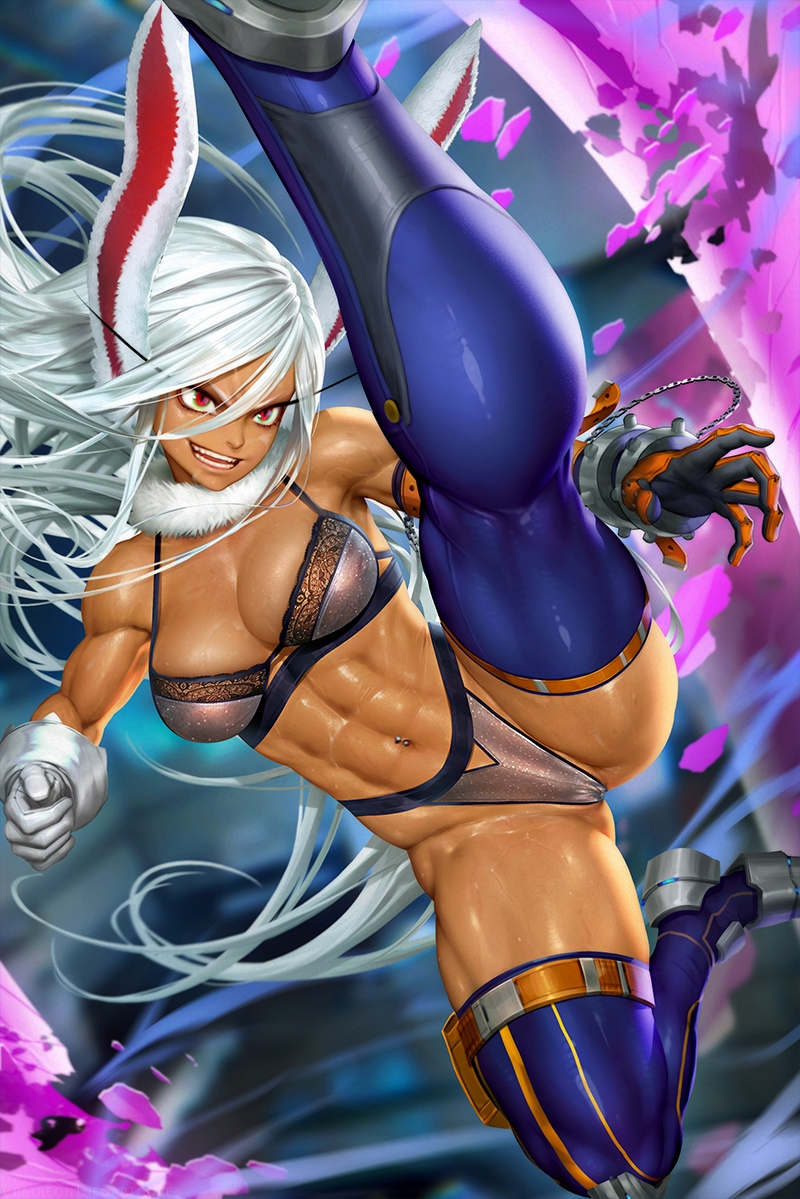 1girls, 2023, abs, breasts, bunny ears, bunny girl, dark skin, dark-skinned female, female, female focus, gloves, kicking, leg up, lingerie, long hair, miruko, muscular, muscular female, my hero academia, navel, navel piercing, neoartcore, open mouth, panties, piercing, prosthetic, prosthetic arm, red eyes, rumi usagiyama, shiny skin, shounen jump, skin tight, solo, sweat, thick thighs, thighhighs, thong, thunder thighs, toned, underwear, white hair