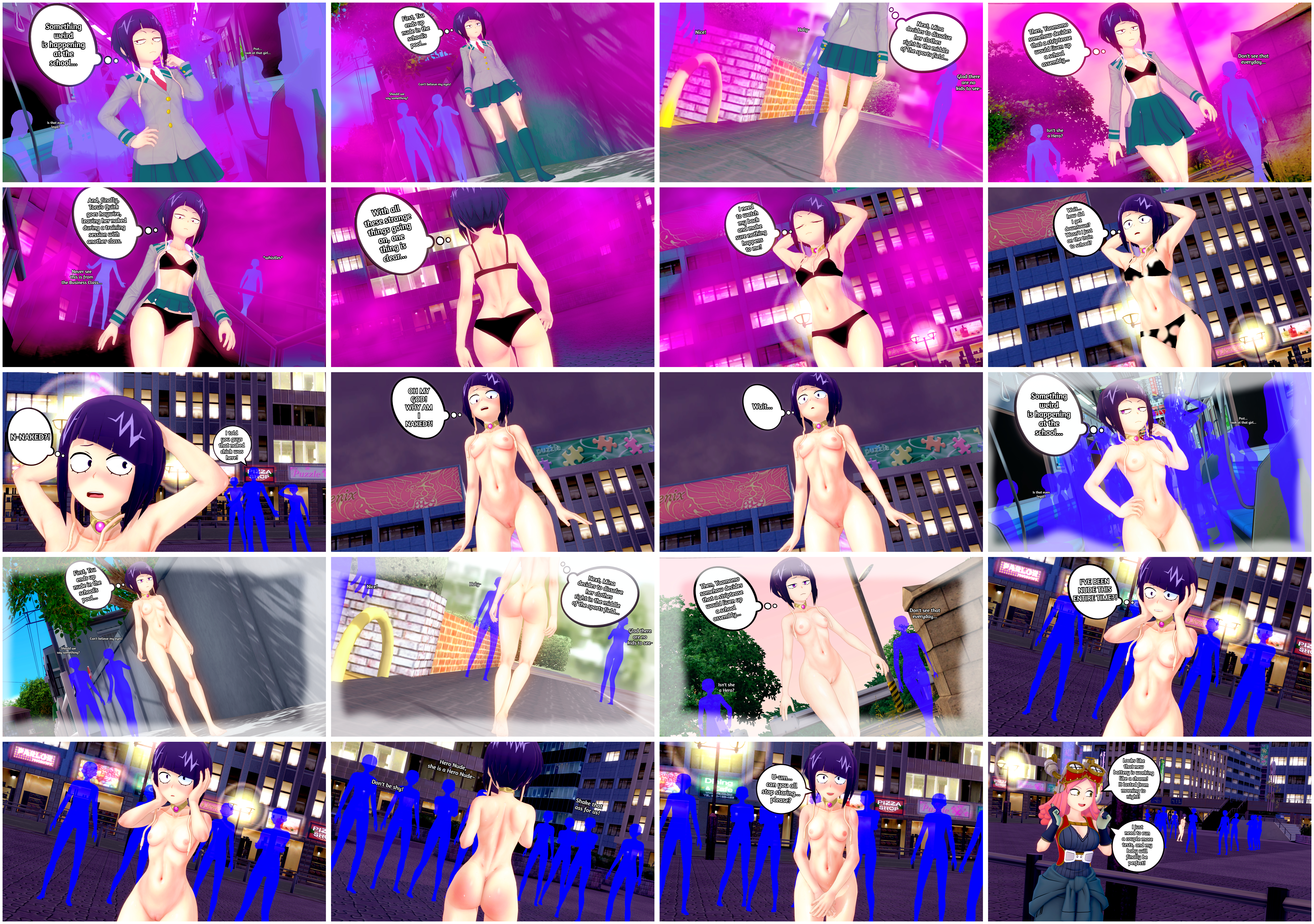 2girls, 3d, adult swim, ass, ass focus, blush, breasts, covering crotch, embarrassed, embarrassed nude female, enf, female, hypnosis, knockwolf, koikatsu, kyoka jiro, mei hatsume, multiple females, multiple girls, my hero academia, nude, nude female clothed female, pink hair, pink-haired female, public nudity, purple hair, purple-haired female, pussy, toonami