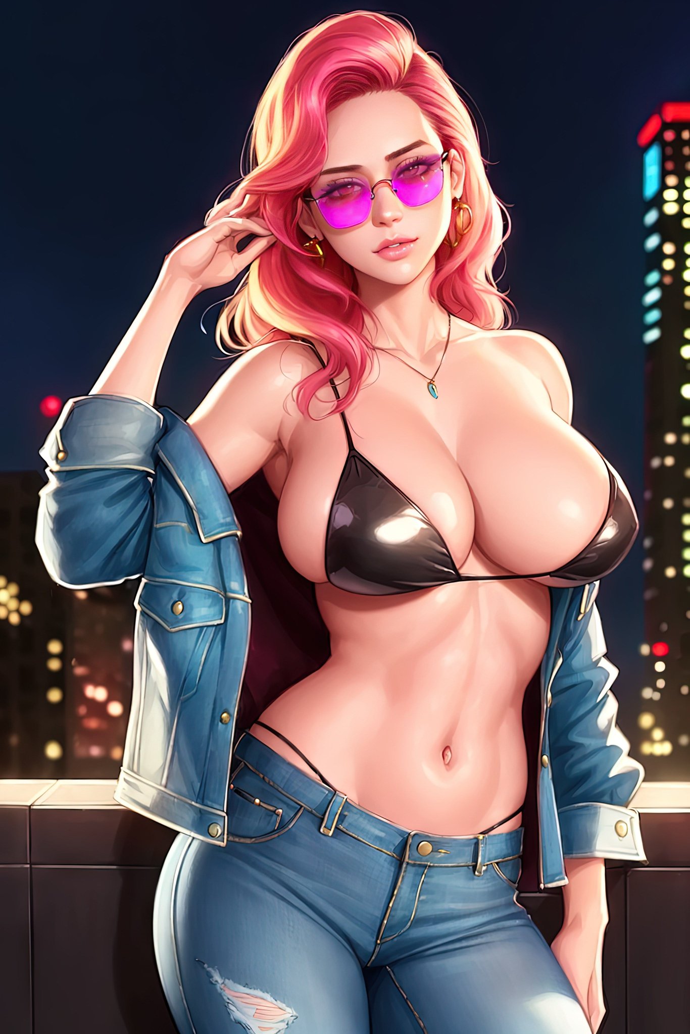 2023, ai generated, curvy female, female, female focus, female only, long hair, pink hair, pink-tinted eyewear, seductive look, stable diffusion, sunglasses, tinted eyewear, voluptuous female