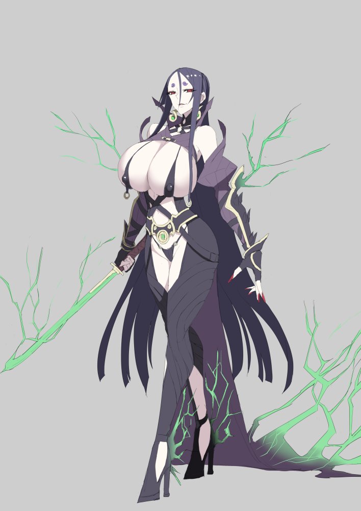 1girls, alternate version available, breasts, corruption, fate (series), fate/grand order, female, horns, huge breasts, ky., light skin, light-skinned female, long hair, long legs, looking at viewer, massive breasts, mature female, milf, minamoto no raikou (fate/grand order), naughty face, pale skin, pale-skinned female, purple eyes, purple hair, revealing clothes, thighs