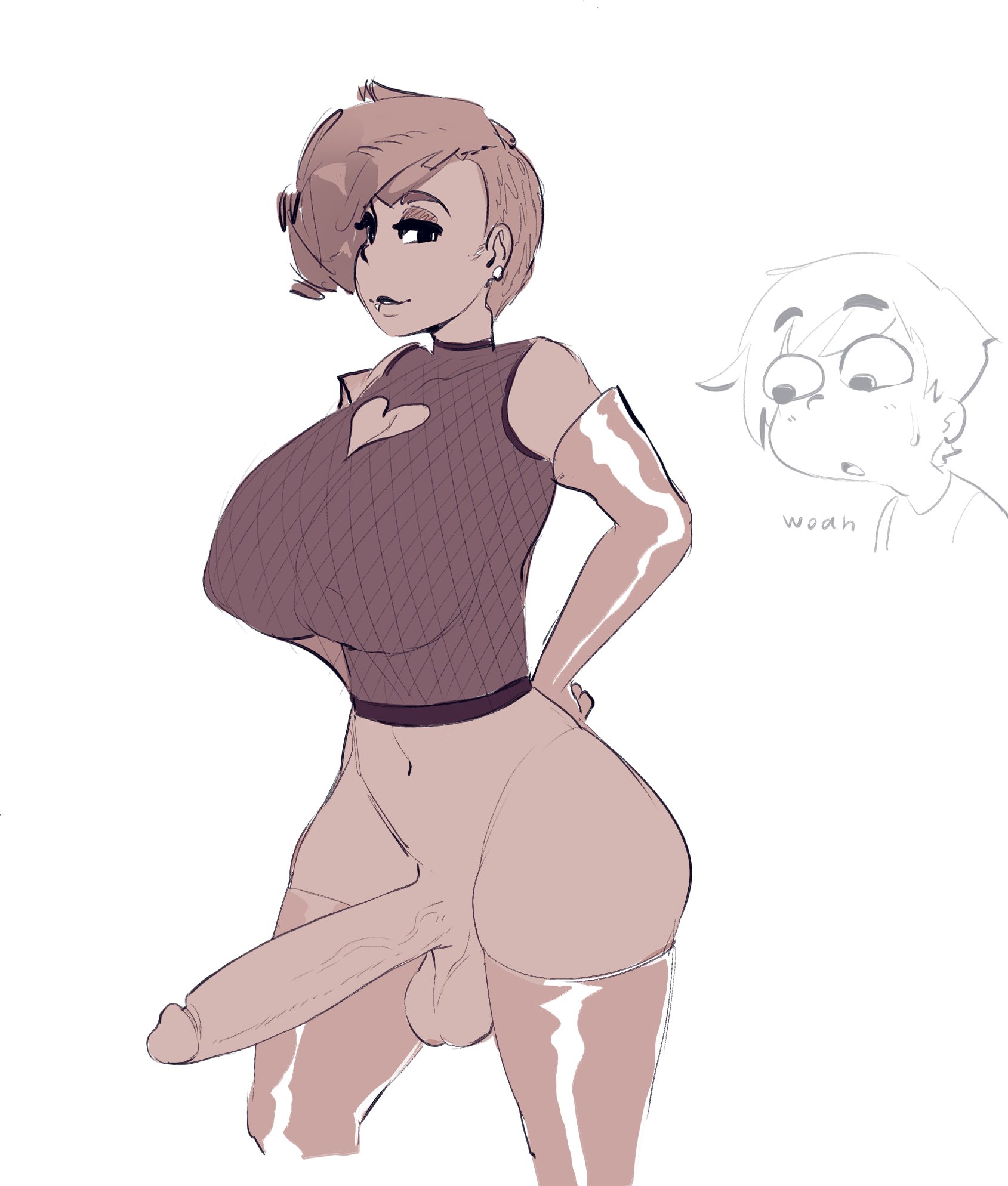 1futa, 2023, balls, big breasts, big penis, bottomless, breasts, clothed, clothing, erection, fishnets, futa only, futanari, hands on hips, human, intersex, kinkykong, low res, lowres, monochrome, original, original character, partially clothed, penis, short hair, sketch, solo, standing, thick thighs, thighhighs, wide hips