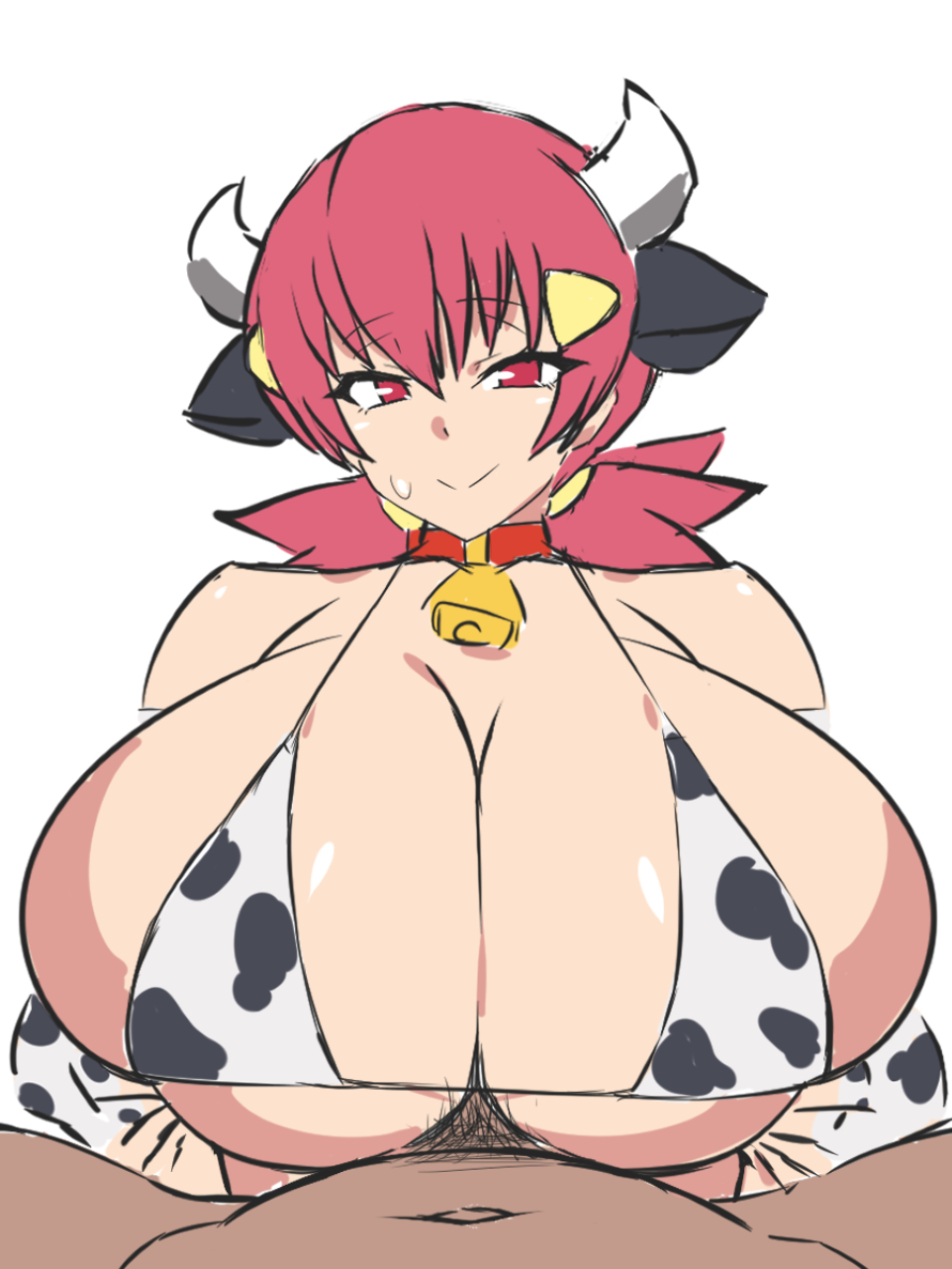 1boy, 1girls, breasts, cow print, cow print bikini, dark skin, dark-skinned male, dd (artist), female, gigantic breasts, gym leader, huge breasts, light skin, light-skinned female, long hair, male, male pov, massive breasts, nintendo, paizuri, pokemon, pokemon hgss, pov, red hair, simple background, smile, titjob, whitney (pokemon)