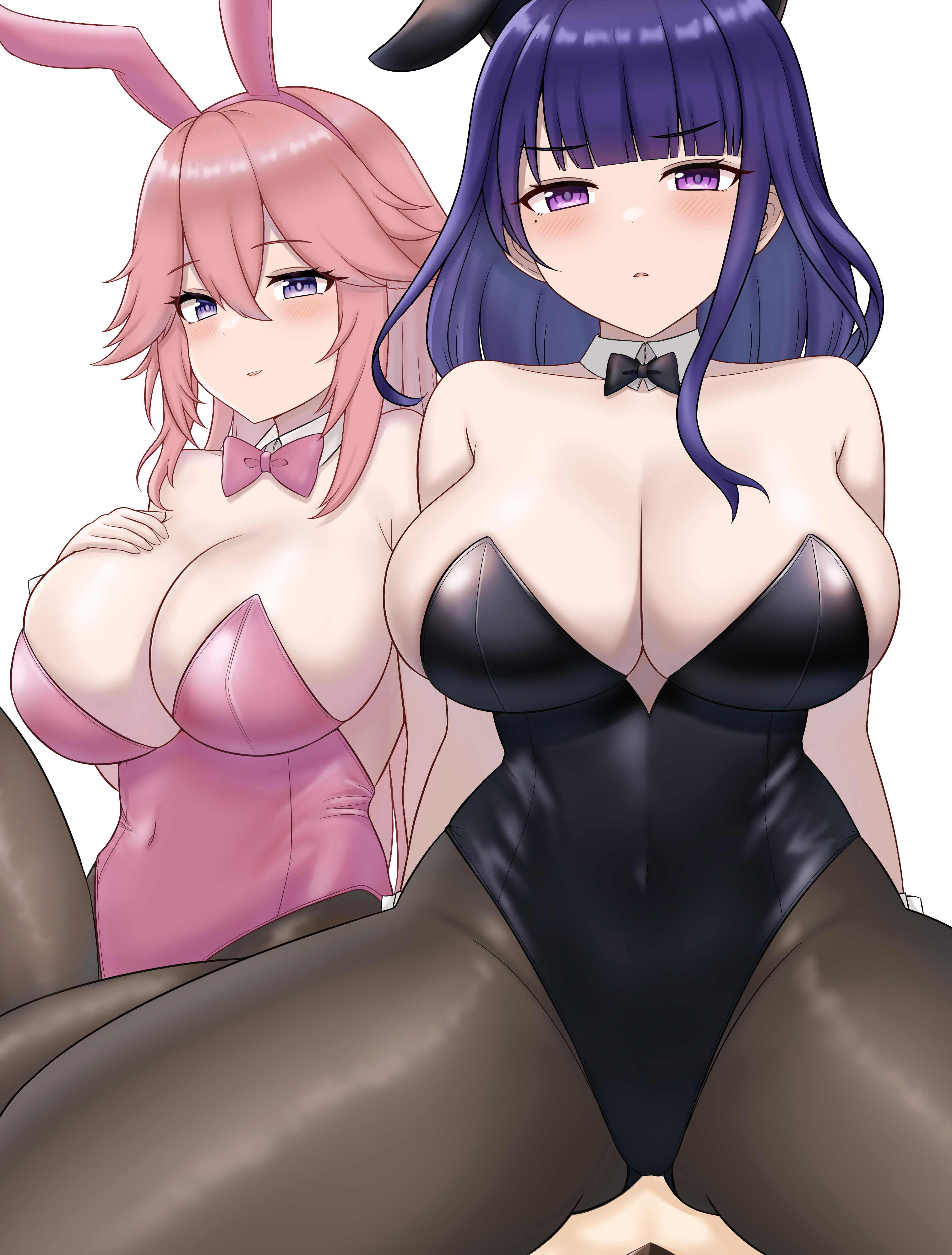 1boy, 2girls, aether (genshin impact), big breasts, blush, breasts, bunnysuit, colored, dominant female, drawing, female, fox girl, genshin impact, horny female, imminent sex, long hair, male, mihoyo, pink hair, purple hair, raiden shogun, yae miko
