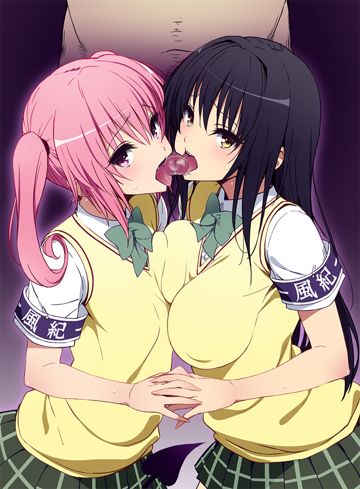 1boy 2girls big_breasts black_hair censored flat_chest kotegawa_yui long_hair nana_asta_deviluke pink_hair to_love-ru twintails young