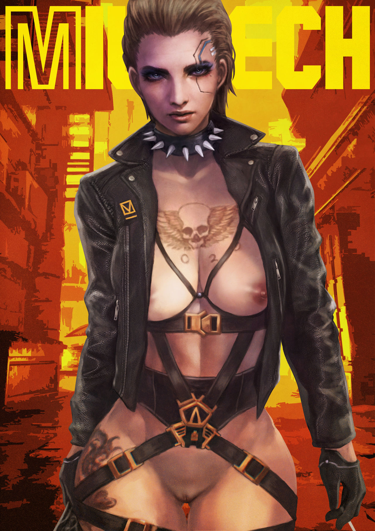 1girls, athletic, athletic female, belt, big breasts, blonde hair, breasts, casual, cd projekt red, clothing, cybernetics, cyberpunk 2077, eyeliner, female, female only, handwear, highres, human, jacket, legwear, meredith stout, monorirogue, nipples, no artist signature, nude, open jacket, outerwear, pale skin, pussy, solo, spiked collar, straps, tactical nudity, tattoo, text, thigh gap