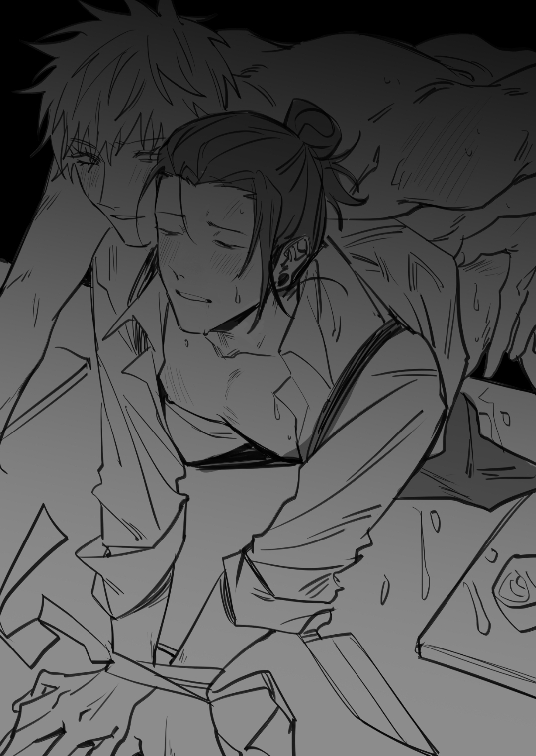 2boys, anal sex, big penis, black hair, blush, desk, desk sex, doggy style, doujinshi, fellatio, gay, gay sex, jujutsu kaisen, kiyoro99, male, male/male, manga, masturbation, penis, phone, pov, satoru gojo, sex toy, sleep sex, sleeping, sucking, sucking penis, suguru geto, tied hands, white hair, wrists tied, yaoi