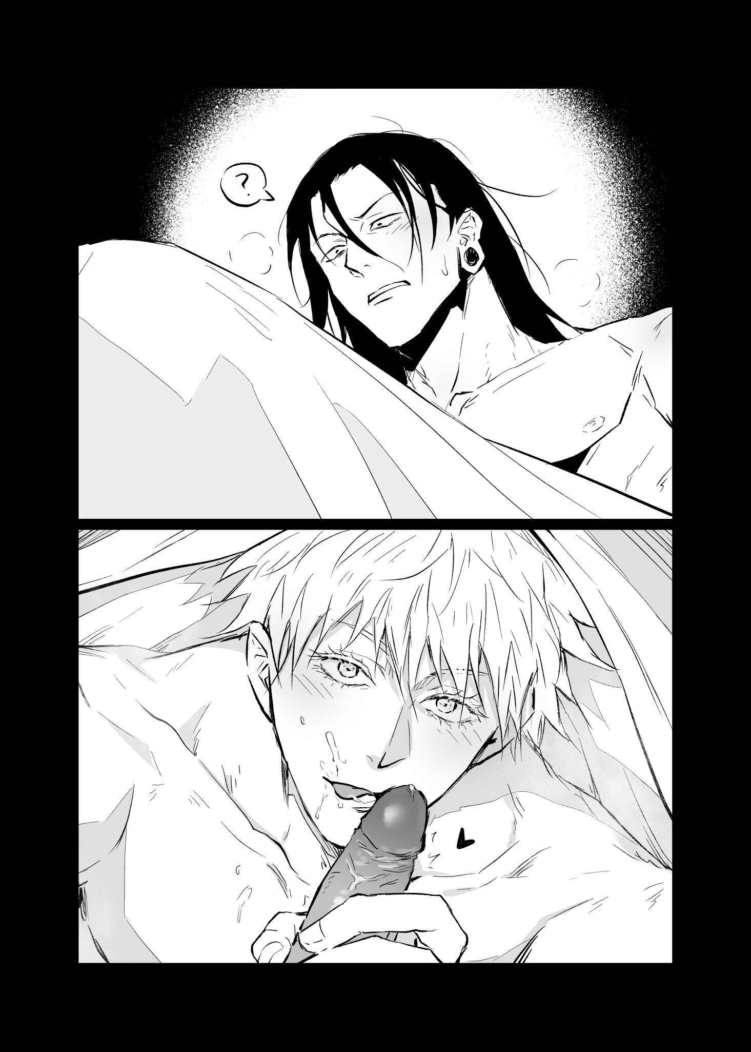 black hair, doujinshi, fellatio, gay, jujutsu kaisen, male, male/male, manga, nejmai, penis, satoru gojo, suguru geto, white hair, yaoi