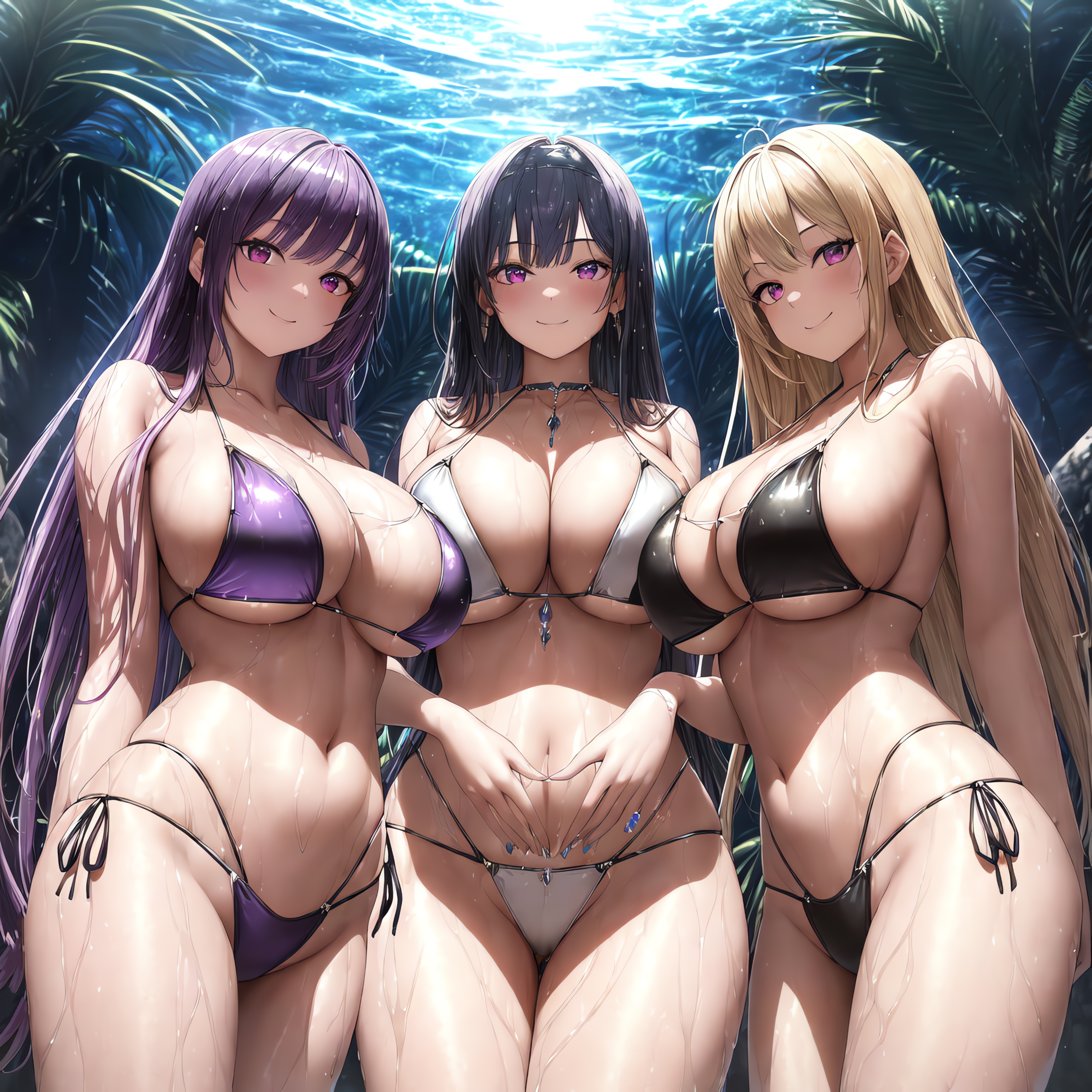 3girls, absurd res, ai generated, bikini, black bikini, blonde hair, blush, breasts, brown hair, female, female only, hips, holaraai, huge breasts, light skin, light-skinned female, long hair, looking at viewer, night, original, original character, outdoors, purple bikini, purple eyes, purple hair, rinomaw, slim waist, smile, stable diffusion, thick thighs, thighs, white bikini, wide hips