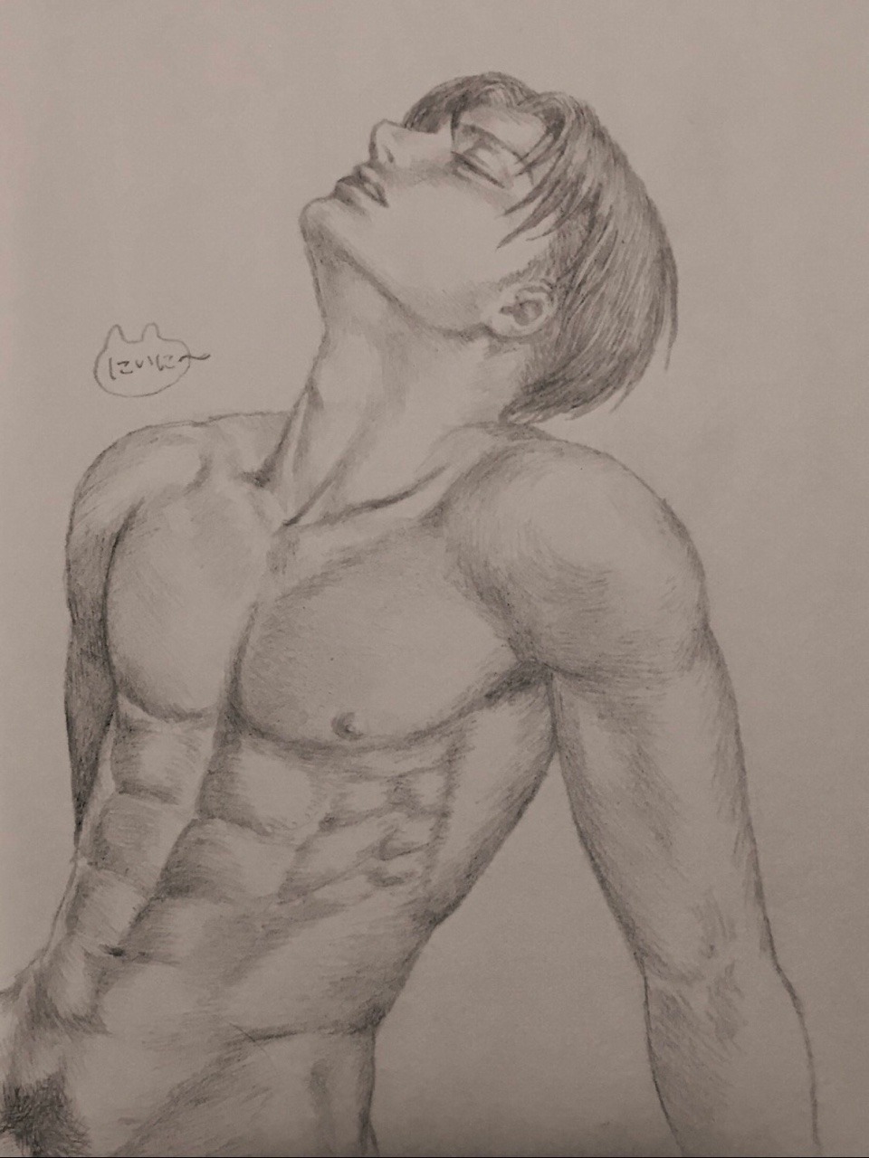 abs black_hair groaning implied_sex leaning_back male male_only moaning muscles muscular muscular_arms muscular_male nipples nsfw pencil_drawing pubes pubic_hair shaded sketch smaller_male solo solo_male uncolored