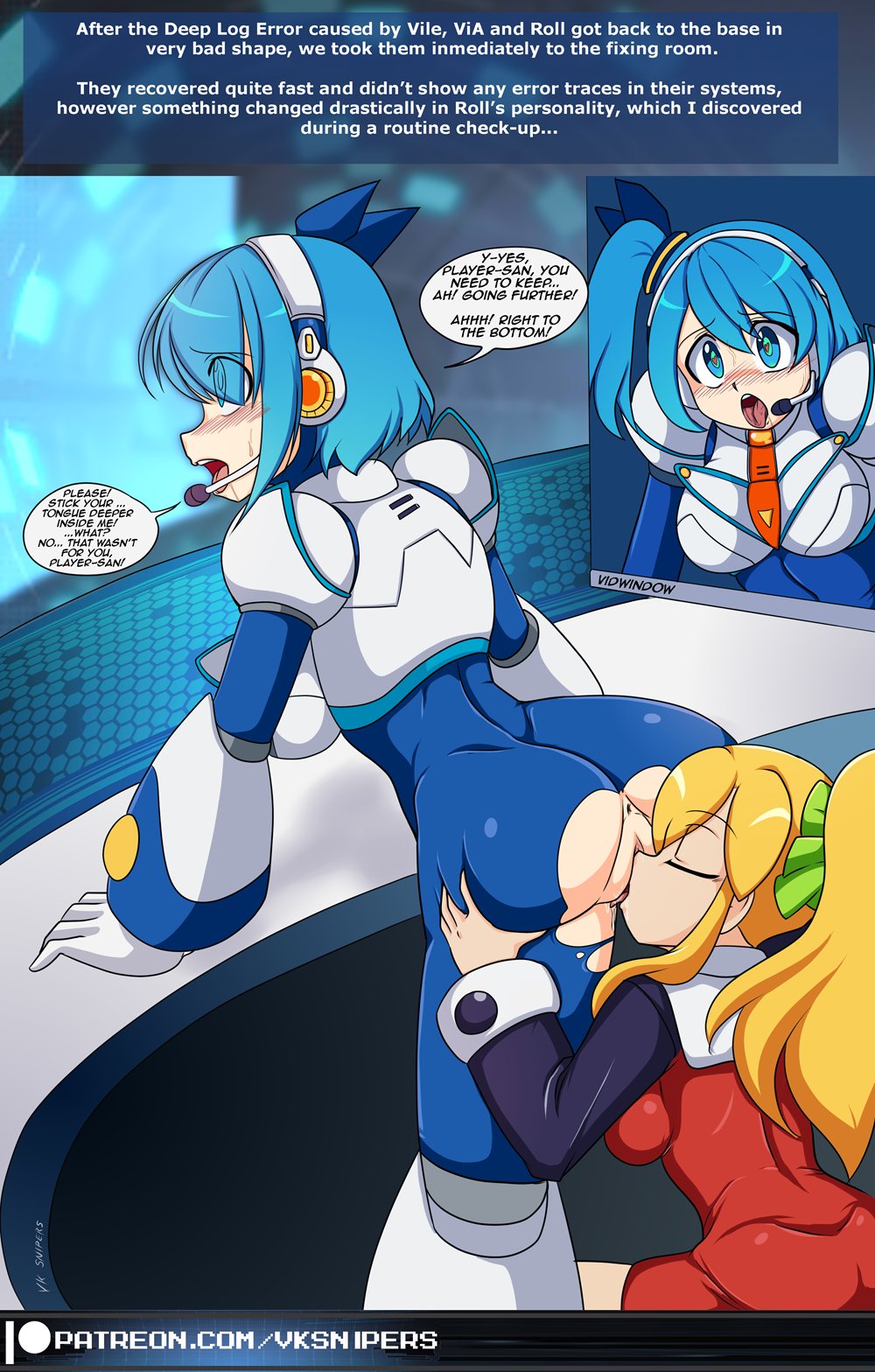 2girls, big breasts, breasts, cunnilingus, english text, female, female only, female/female, mega man, mega man x dive, multiple females, multiple girls, patreon url, rico (mega man), roll, tagme, text, url, vcampan, yuri