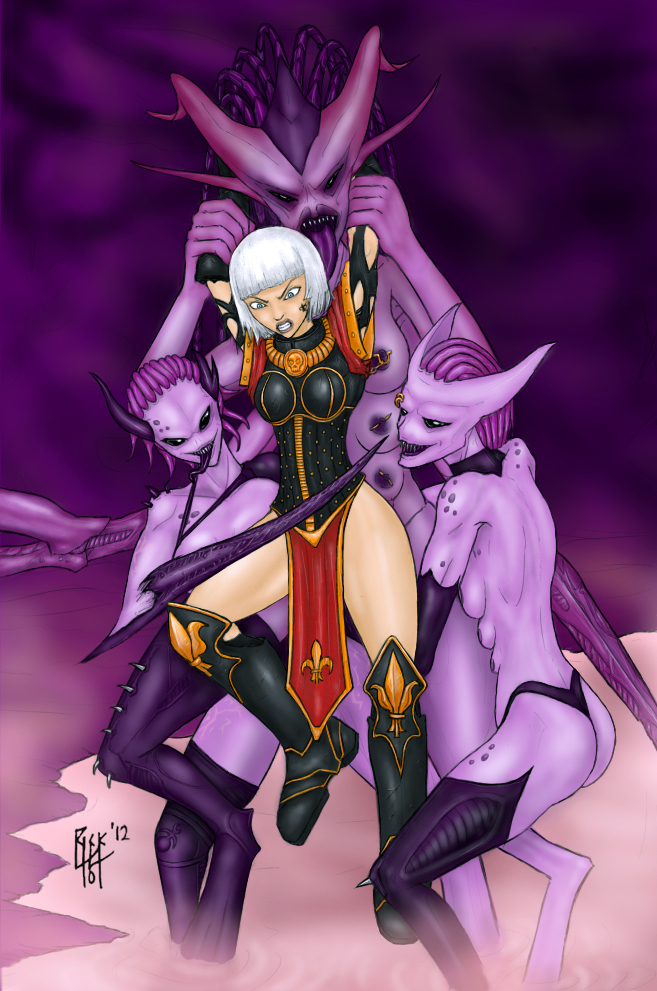 4girls adepta_sororitas black_eyes black_pupils black_sclera breasts chaos_(warhammer) chaos_daemon corrupted corruption daemon daemonette female female_only fleur-de-lis fully_black_eyes identity_death imperium_of_man keeper_of_secrets multiple_girls power_armor rick404 sister_of_battle slaanesh succubus warhammer_(franchise) warhammer_40k yuri