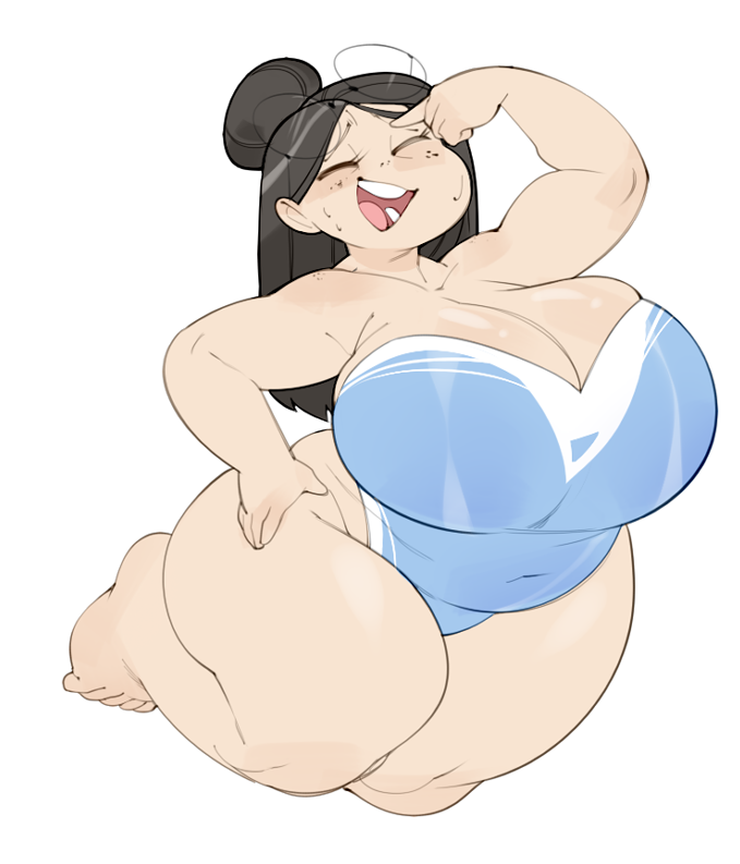 asian asian_female black_hair blue_swimsuit bulumble-bee chubby chubby_female closed_eyes glasses huge_breasts milf smile suzuki_(bulumble-bee) swimsuit