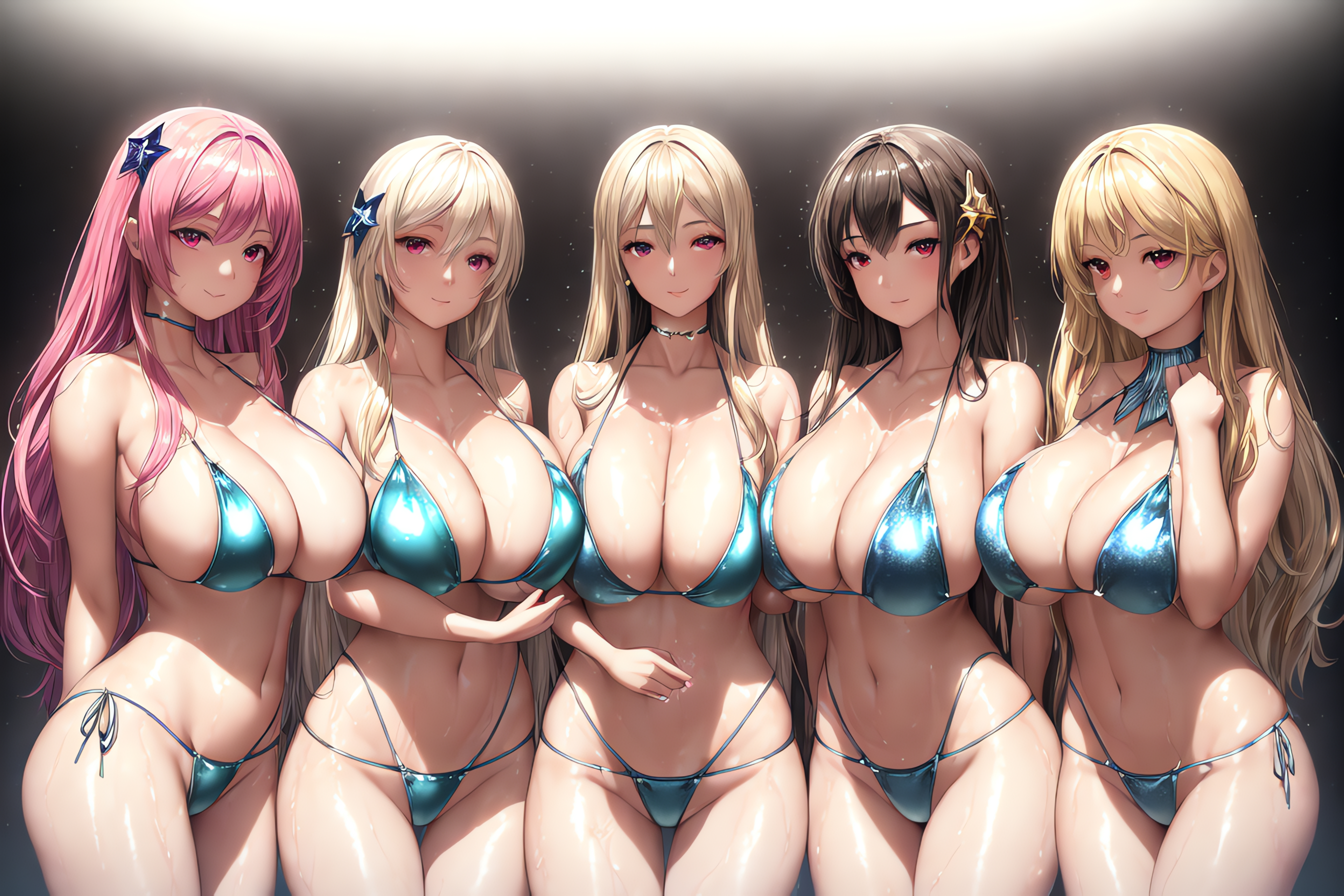 5girls, ai generated, beach, bikini, blonde hair, breasts, brown hair, female, high resolution, holaraai, huge breasts, light skin, light-skinned female, long hair, looking at viewer, massive breasts, original, original character, outdoors, pink hair, stable diffusion, wet, wet body