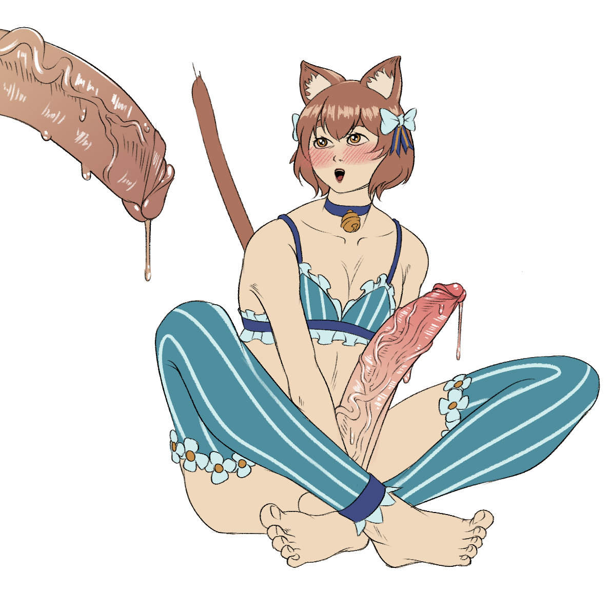 2boys, annoyed, arms crossed, big penis, blush, breasts, cat boy, cat ears, cat tail, catboy, choker, choker bell, crossdressing, demonstration, excited, feline, felix argyle, femboy, femboy on male, feminine male, gay, hair ribbon, happy, huge cock, hung trap, legs crossed, looking at breasts, looking at penis, madara artworks, male, male only, neko, penis, re:zero kara hajimeru isekai seikatsu, short hair, sitting, size difference, striped clothing, striped legwear, striped panties, stripes, sweat, sweaty genitalia, tail, veiny penis