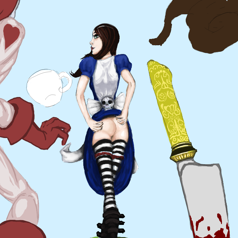 1girls alice_(madness_returns) alice_in_wonderland alice_liddell alice_madness_returns american_mcgee's_alice ass bloody_knife boots brown_hair flashing_ass grabbing_own_butt green_eyes knife literature mooning panties panties_around_thighs public_domain skull teacup teenage_girl thighhighs