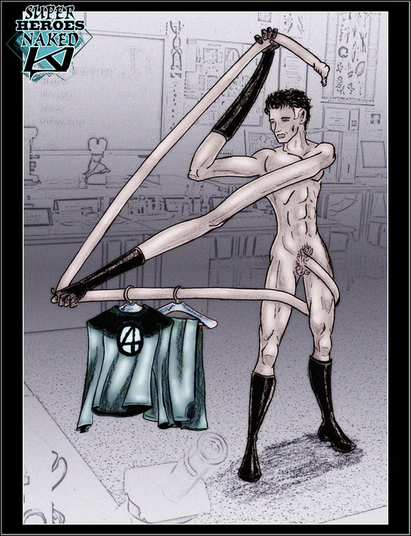 1boy abs boots clothes_hanger elastic fantastic_four gloves hanging_clothes holding_penis laboratory long_foreskin male male_only marvel mr_fantastic nude reed_richards solo standing stretched_penis uncut