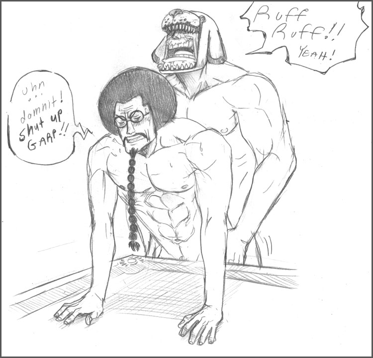 2boys male male_only monkey_d_garp monochrome nude one_piece sengoku_(one_piece) white_background yaoi