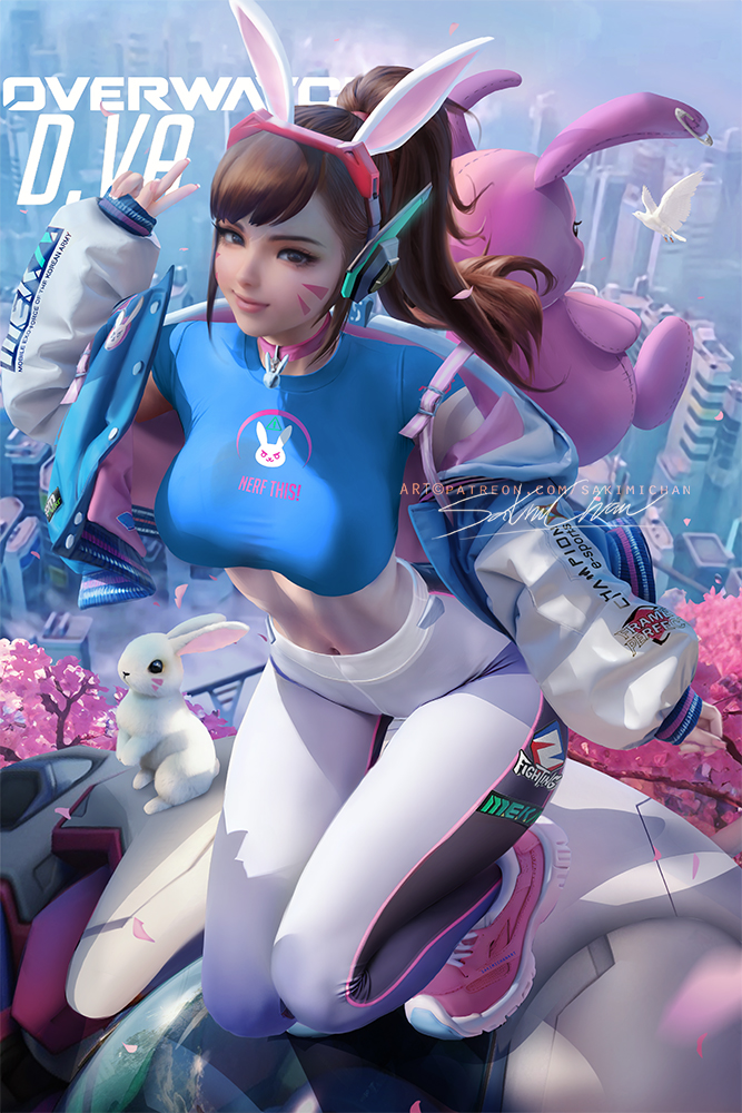 1girls, 2d, asian, asian female, breasts, brown eyes, brown hair, bunny ears, d.va, facial markings, female, female only, fully clothed, hana song, huge breasts, kneeling, korean female, large breasts, light skin, light-skinned female, long hair, overwatch, sakimichan, solo, thick thighs, wide hips
