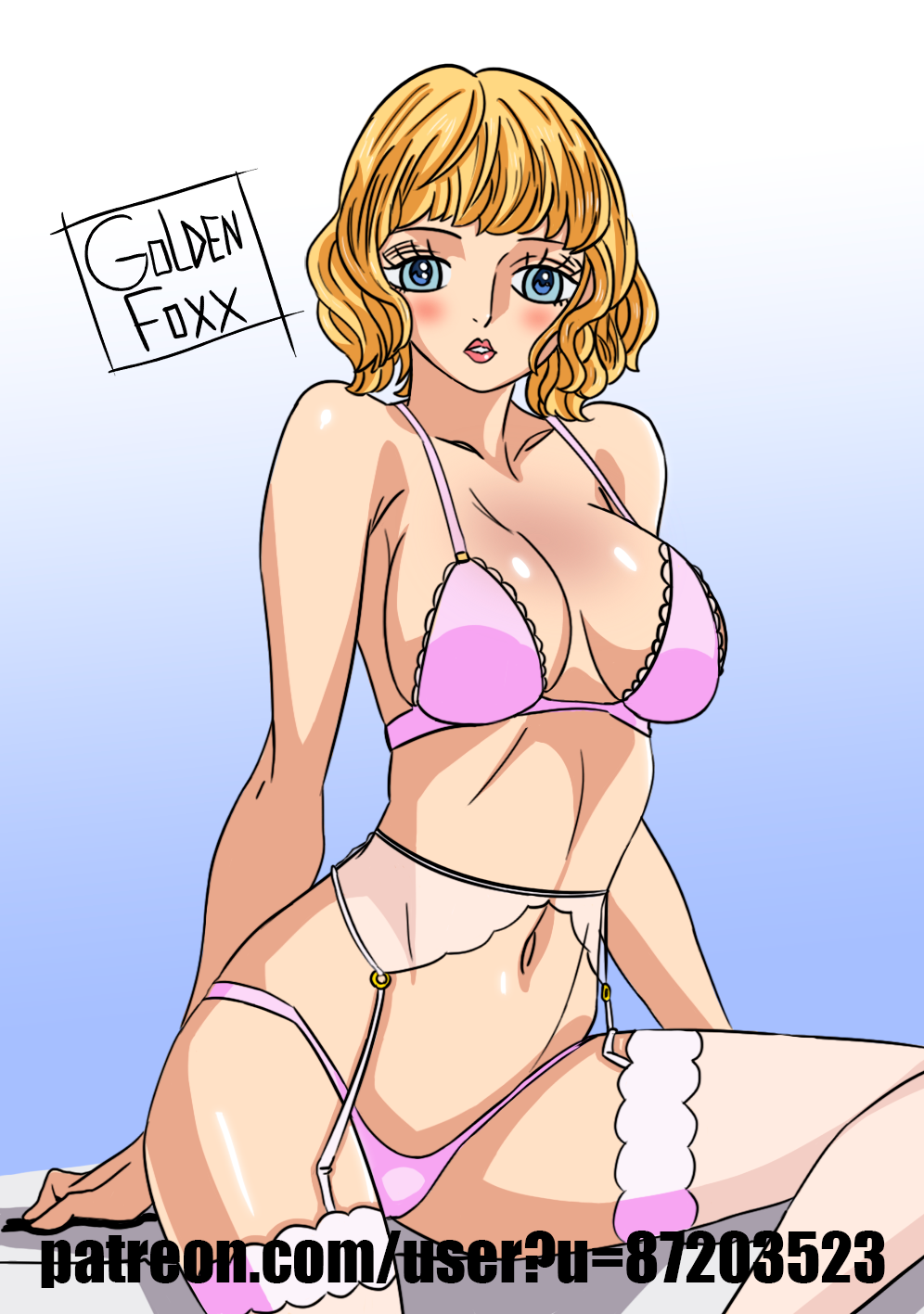 1girls blonde_hair female female_only golden_foxx_(artist) goldenfoxx lingerie one_piece pink_bra pink_panties seductive solo stussy_(one_piece) underwear