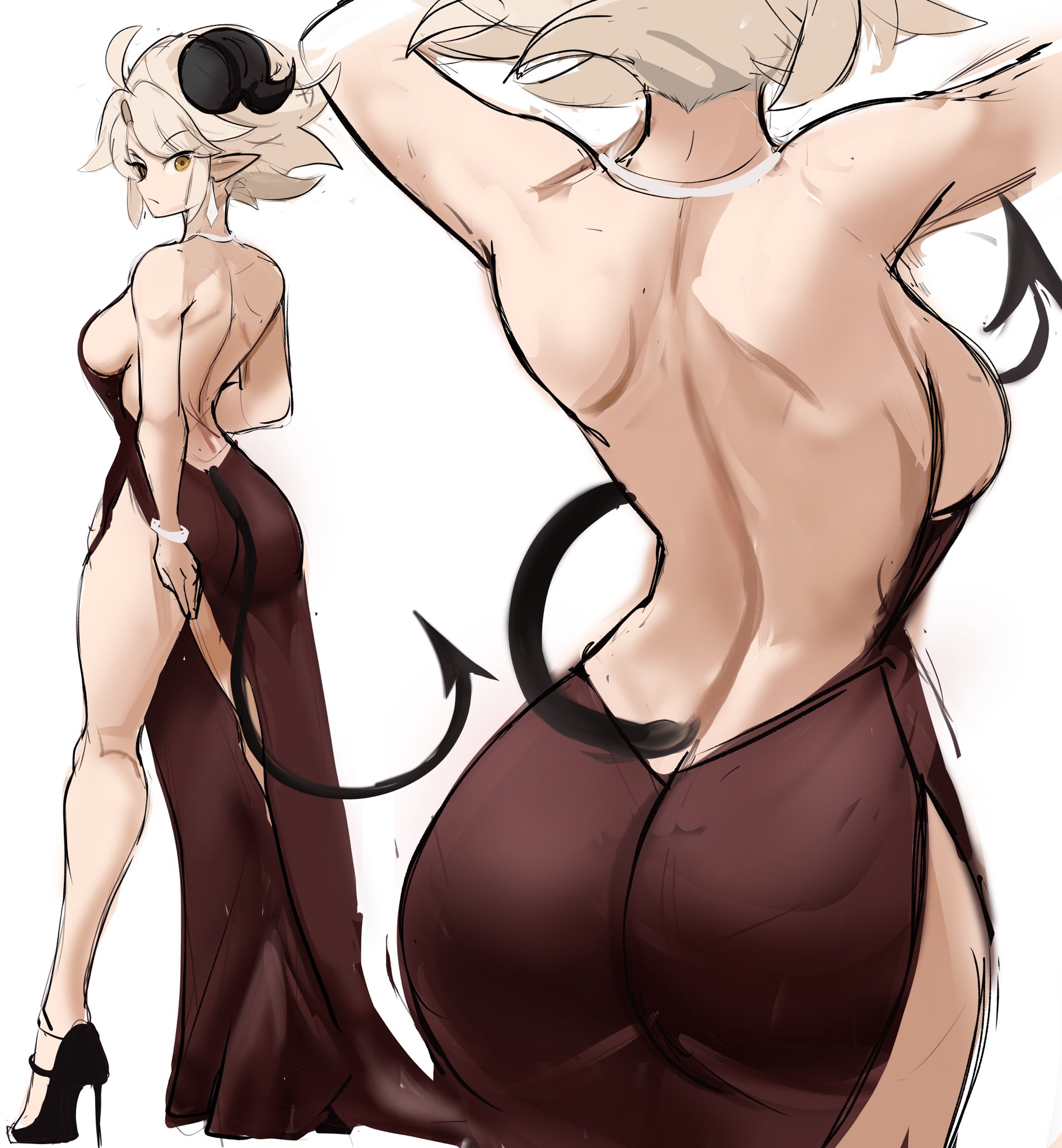 1girls, amber eyes, ass, breasts, dress, female, heels, hi res, horns, medium hair, original, pointy ears, rakeemspoon, sideboob, solo, solo female, susan (rakeemspoon), tail, white hair