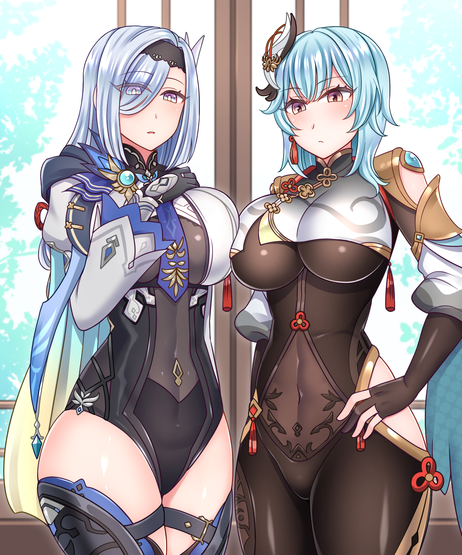2girls, big breasts, breast to breast, breasts, brown eyes, clothing, cosplay, costume switch, eula (genshin impact), eula (genshin impact) (cosplay), eye visible through hair, female, female only, genshin impact, hair ornament, hand on hip, headwear, hips, huge breasts, legwear, long hair, mature, mature female, neckwear, shenhe (genshin impact), shenhe (genshin impact) (cosplay), short hair, teal hair, thick thighs, thighs, white hair, yakisobapan tarou & negitoro-ko