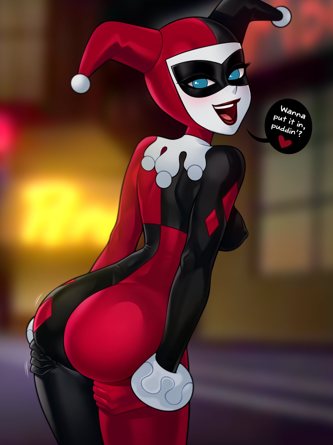 1girls, ass, batman (series), batman: the animated series, big ass, blue eyes, bodysuit, clothed female, dc, dc comics, english text, erect nipples under clothes, eye contact, face mask, female, female only, fully clothed, gloves, grabbing own ass, harley quinn, harley quinn (classic), loodncrood, looking at viewer, presenting ass, solo, speech bubble, text