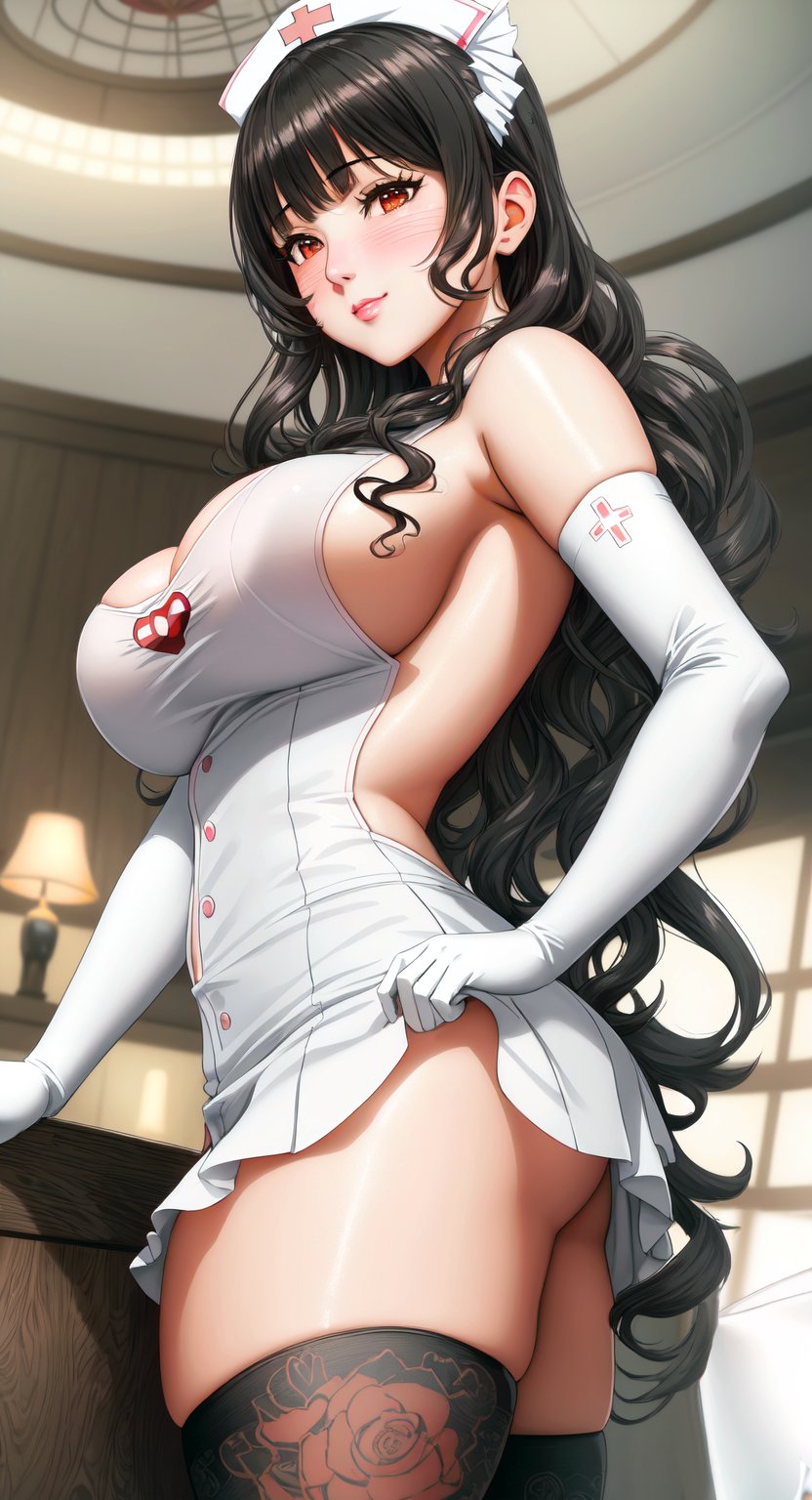 2023, ai generated, black hair, curvaceous, female, female focus, female only, gloves, high resolution, long hair, nurse, nurse cap, nurse uniform, seductive eyes, seductive look, stable diffusion, voluptuous female