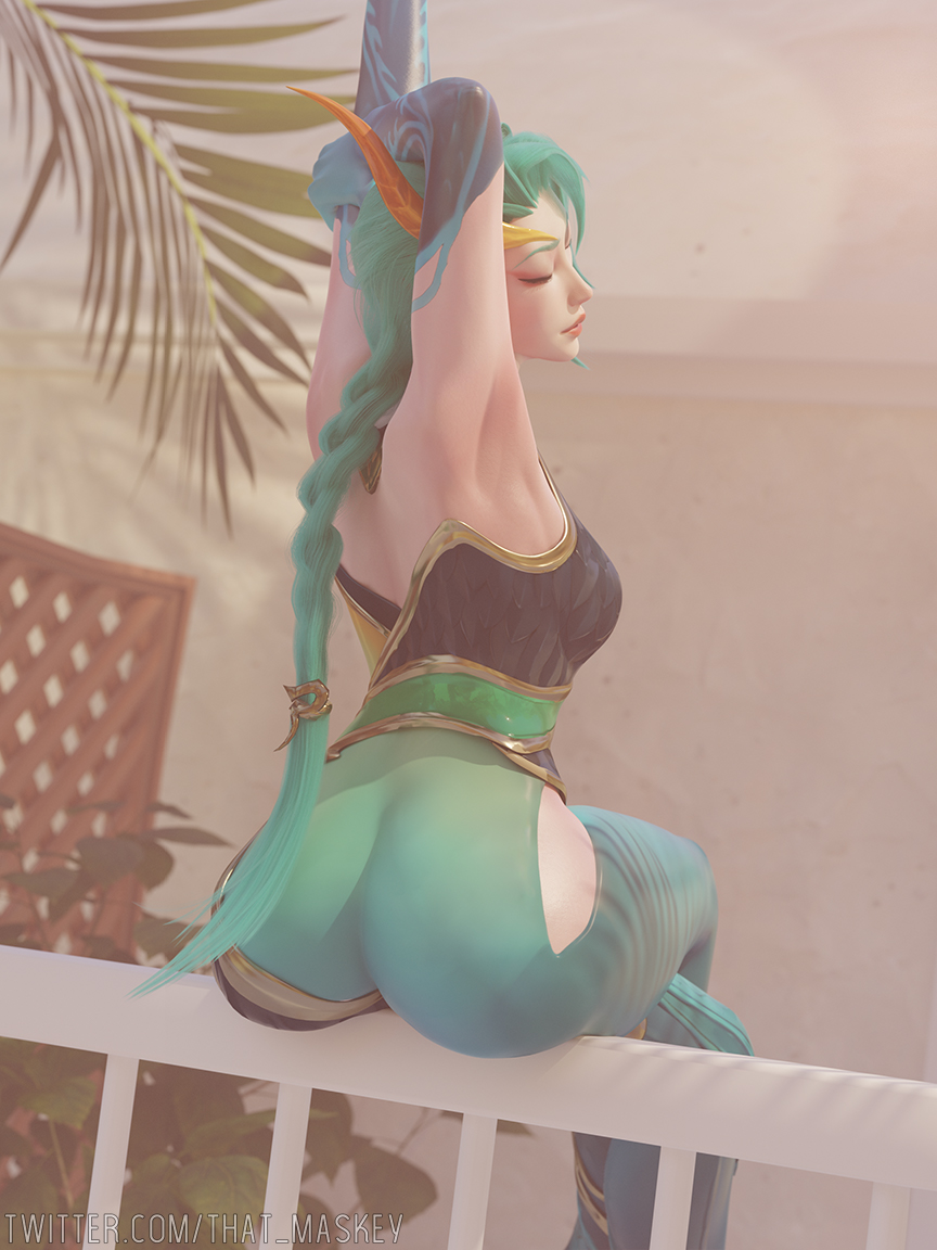 1girls, 3d, armpits, ass, closed eyes, clothed, dragonmancers series, female, female only, green hair, kai'sa, lagoon dragon kai'sa, league of legends, riot games, sitting, stretching, tagme, that maskey