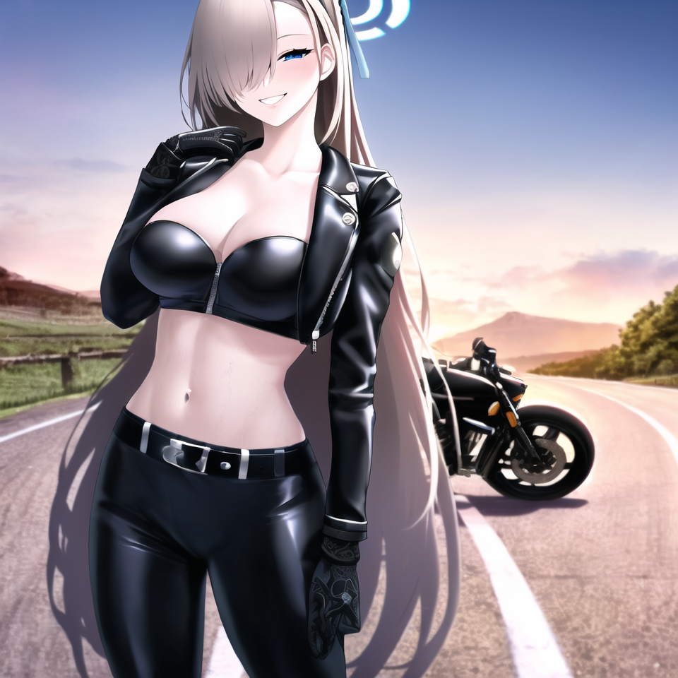 ai_generated asuna_(blue_archive) belt biker_clothes black_gloves black_jacket black_pants black_strapless blue_archive blue_eyes hair_over_one_eye highres latex leather leather_jacket leather_pants long_hair midriff motor_vehicle motorcycle nai_diffusion shiny_clothes smile smirk stable_diffusion strapless tight_clothing