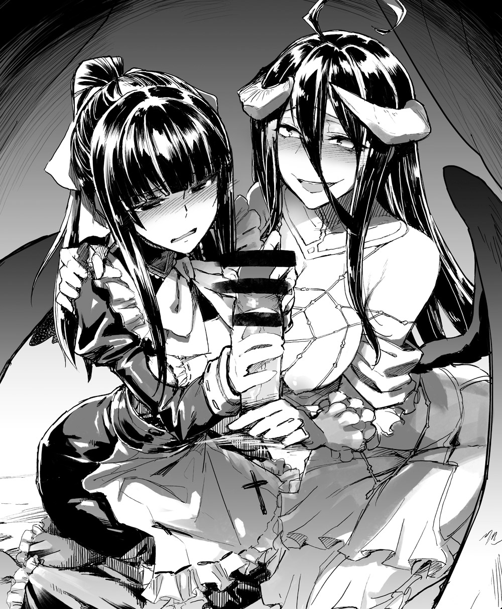 2girls albedo_(overlord) bar_censor black_and_white blush censored ffm_threesome handjob horns koma440 monochrome narberal_gamma nose_blush overlord_(maruyama) tagme threesome wings