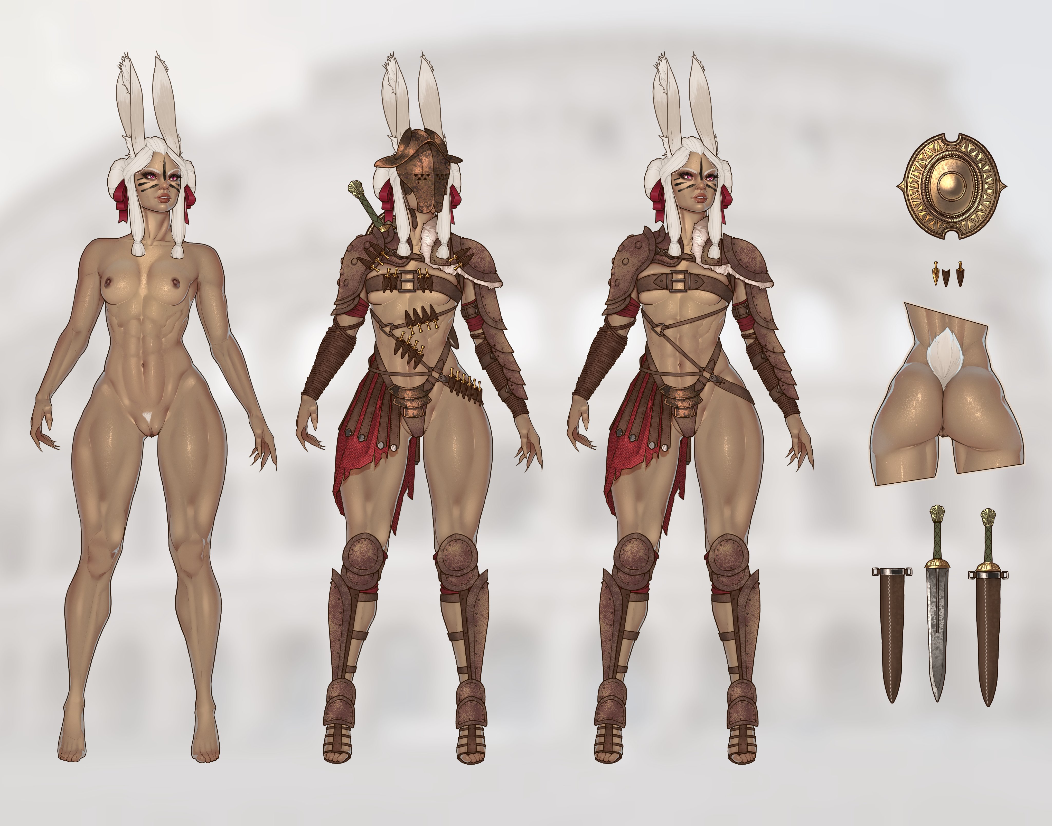 abs, adrasteia (galaad1800), ass, breasts, bunny ears, character sheet, clothed, female, full body, galaad1800, helmet, muscular, muscular female, nude, pussy, shiny skin, small breasts, standing, thick thighs, white hair