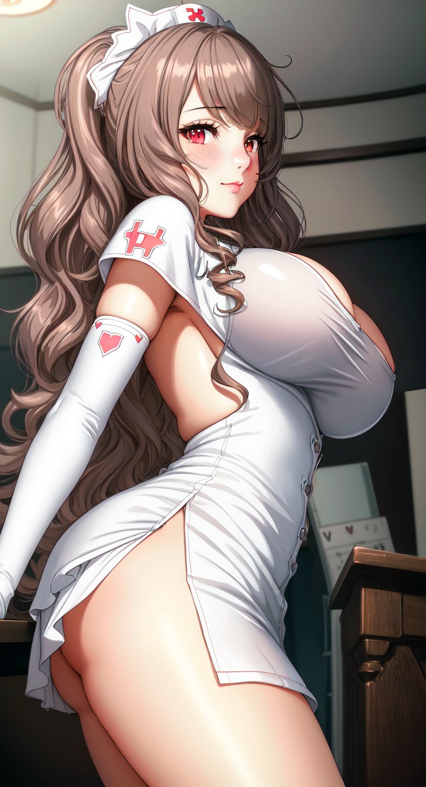 2023, ai generated, big breasts, breasts, female, female focus, female only, gloves, high resolution, looking at viewer, nurse, nurse cap, nurse uniform, red eyes, sideboob, stable diffusion, voluptuous female