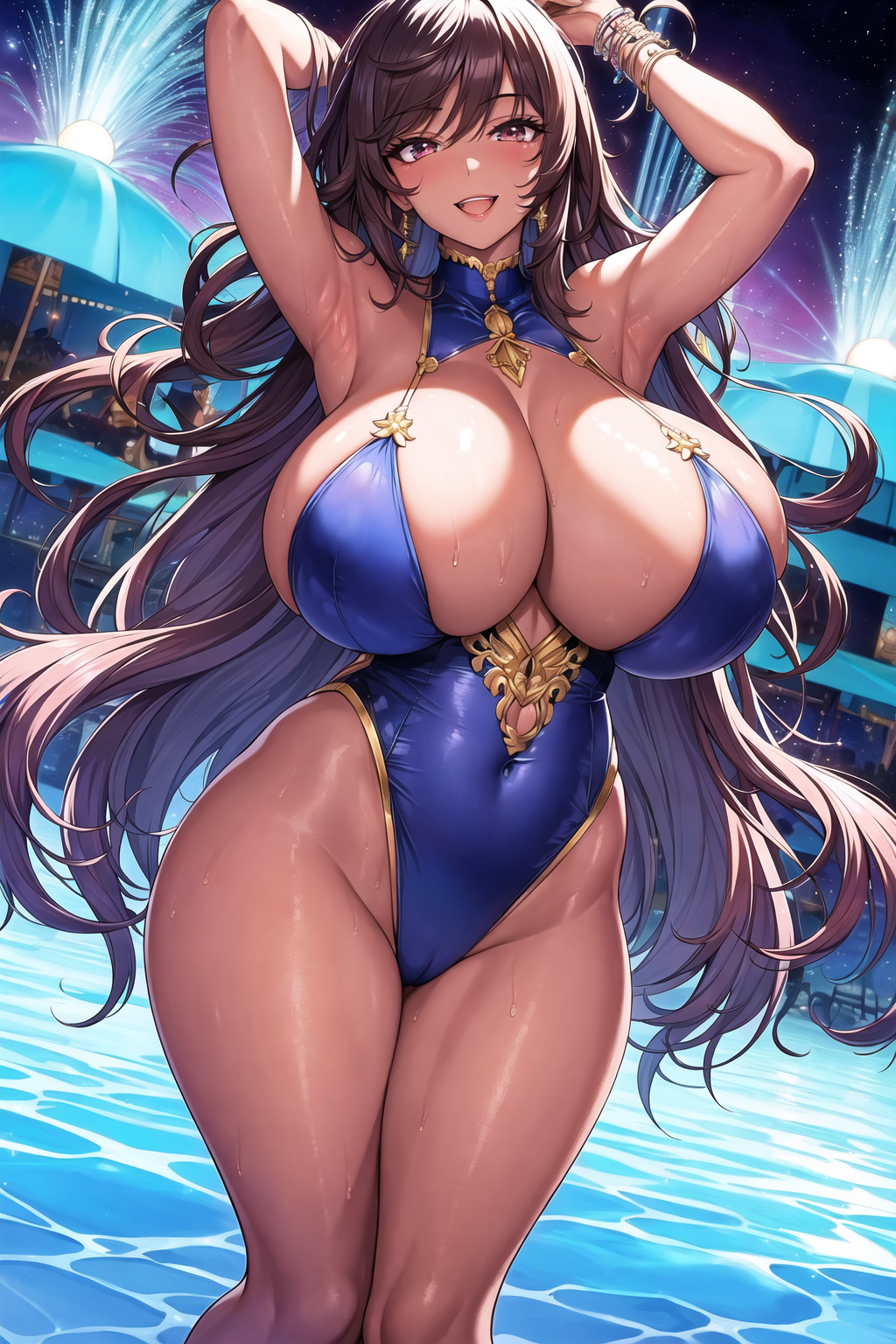 1girls, ai generated, armpits, arms up, breasts, brown eyes, brown hair, female, highleg swimsuit, holaraai, huge breasts, light skin, light-skinned female, long hair, looking at viewer, night, one-piece swimsuit, original, original character, outdoors, pool, smile, stable diffusion, swimsuit, tan, tan-skinned female, tanned skin, thick thighs, wide hips