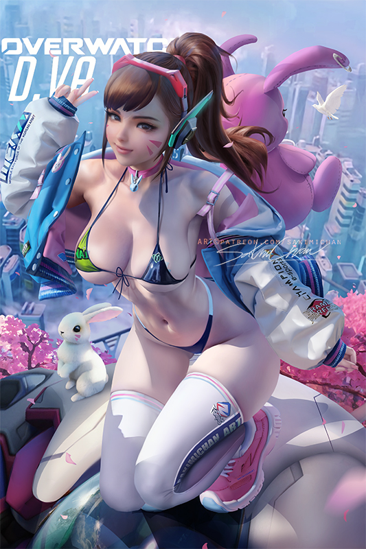 1girls, 2d, asian, asian female, bikini, breasts, brown eyes, brown hair, bunny ears, d.va, facial markings, female, female only, hana song, huge breasts, kneeling, korean female, large breasts, light skin, light-skinned female, long hair, overwatch, sakimichan, solo, thick thighs, wide hips