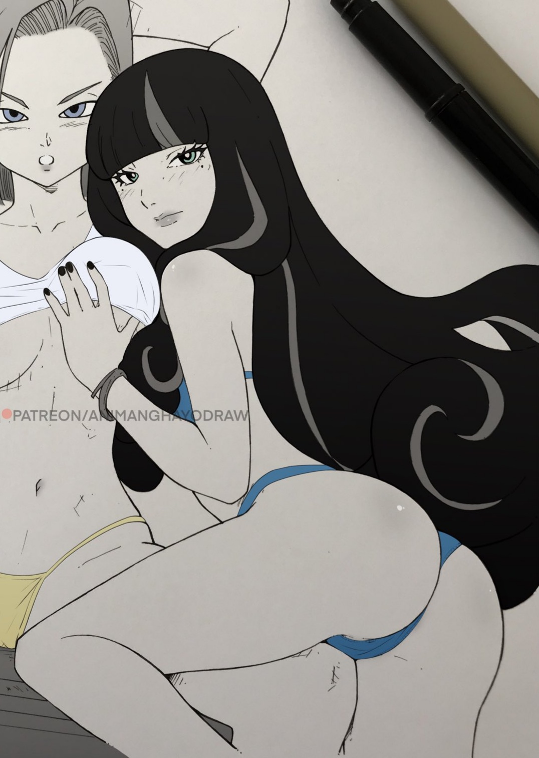 2girls, ada (boruto), android 18, animanghayodraw, ass, ass focus, black hair, blue bra, blue eyes, blue panties, blush, boruto: naruto next generations, bra, clothed, crossover, dragon ball, dragon ball z, female, female only, female/female, legs, long hair, multiple females, multiple girls, naruto, naruto (series), no clothes, panties, seducing, seductive, seductive eyes, seductive look, seductive mouth, seductive smile, yuri