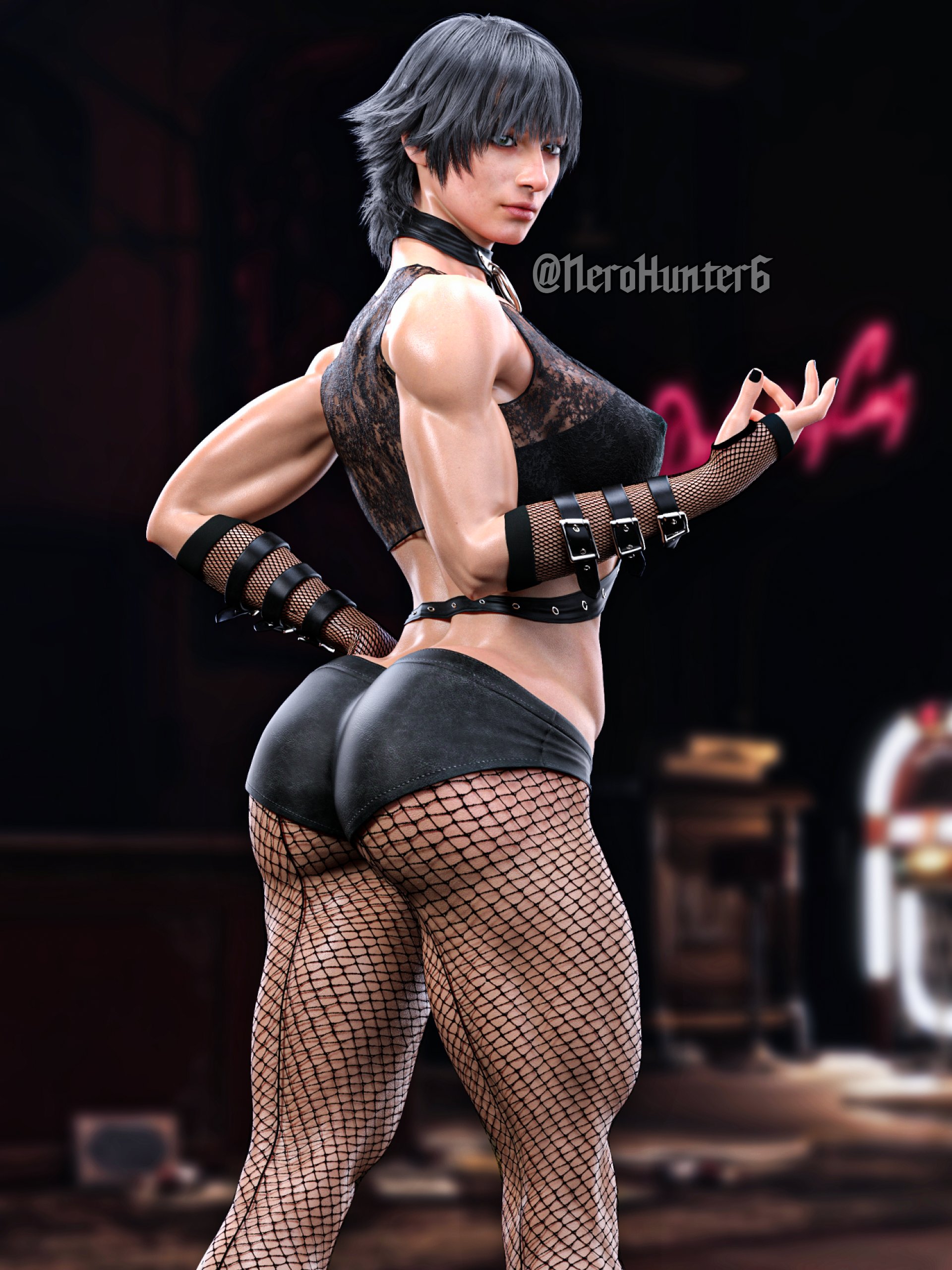 1girls, 3d, absurdres, ass, black hair, bra, breasts, capcom, devil may cry, devil may cry (series), devil may cry 5, female, female only, fishnet legwear, fishnet stockings, fishnets, heterochromia, highres, lady (devil may cry), lingerie, medium breasts, nerohunter6, panties, realistic, solo, solo female