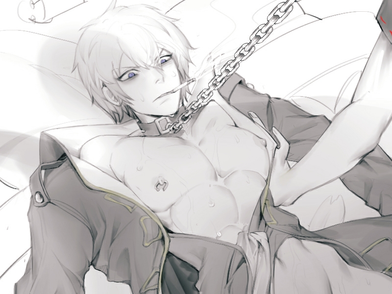 abs bottomless chain_leash chained chains cigarette collar gintama gintoki_sakata hijikata_toshiro implied_sex iris_(pixiv) justaway male male_only nipple_piercing nipple_ring on_back on_bed open_jacket open_shirt pecs police_officer police_uniform shinsengumi_(gintama) smoking solo_focus spot_color sweat toned toned_male uniform