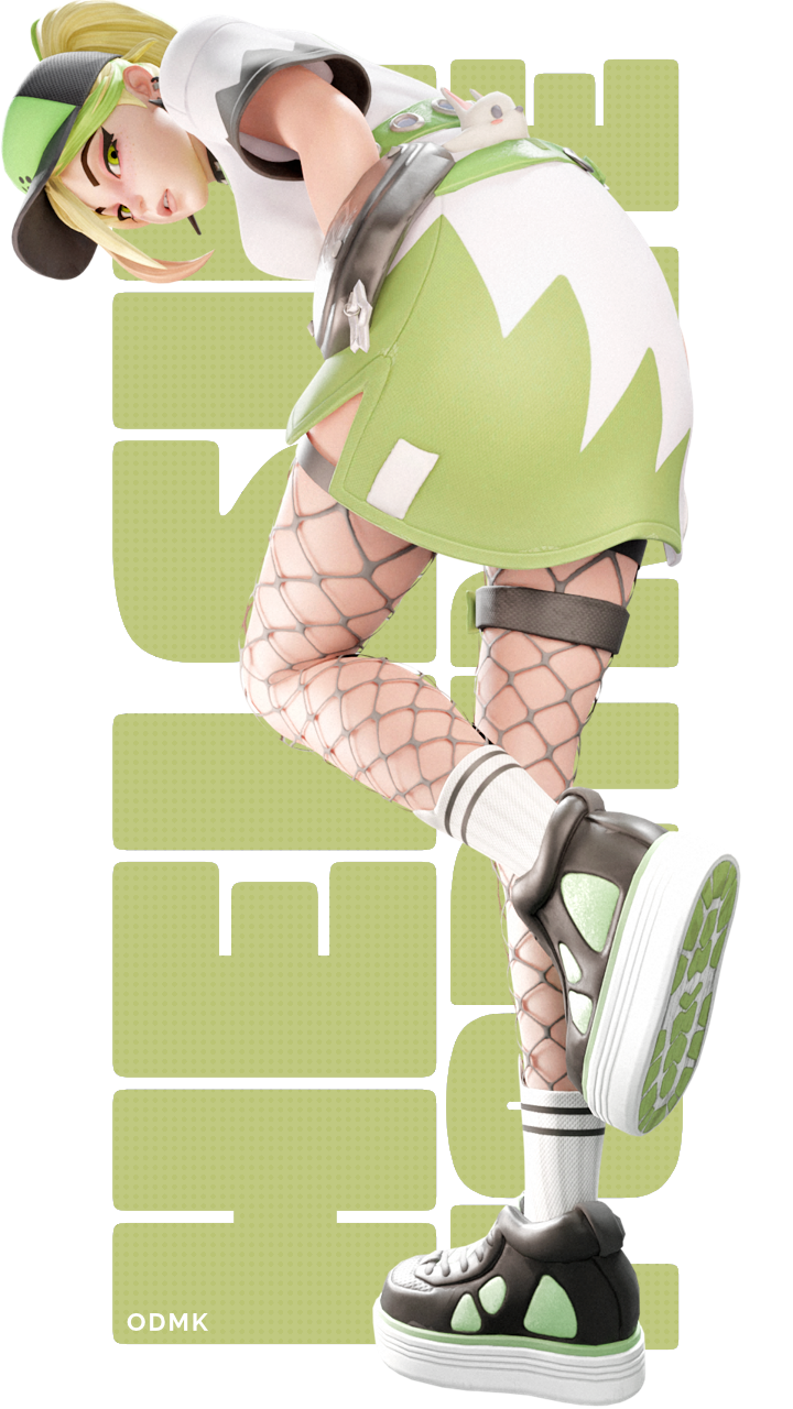 1girls, 3d, blender, bobarista helsie (fortnite), breasts, dress, female, female only, fishnets, fortnite, fortnite: battle royale, green eyes, hat, helsie (fortnite), light skin, light-skinned female, multicolored hair, pinup, pose, shirt, shoes, socks, solo, straight hair, thighs