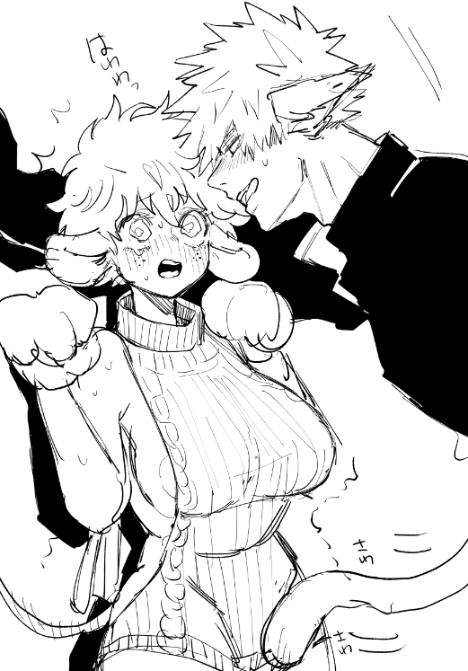 1boy 1girls animal_ears animal_tail big_breasts busty butadon cat_ears cat_tail female female_deku izuku_midoriya katsuki_bakugou mouse_ears mouse_girl my_hero_academia no_bra revealing_clothes rule_63 scared trembling virgin_killer_sweater