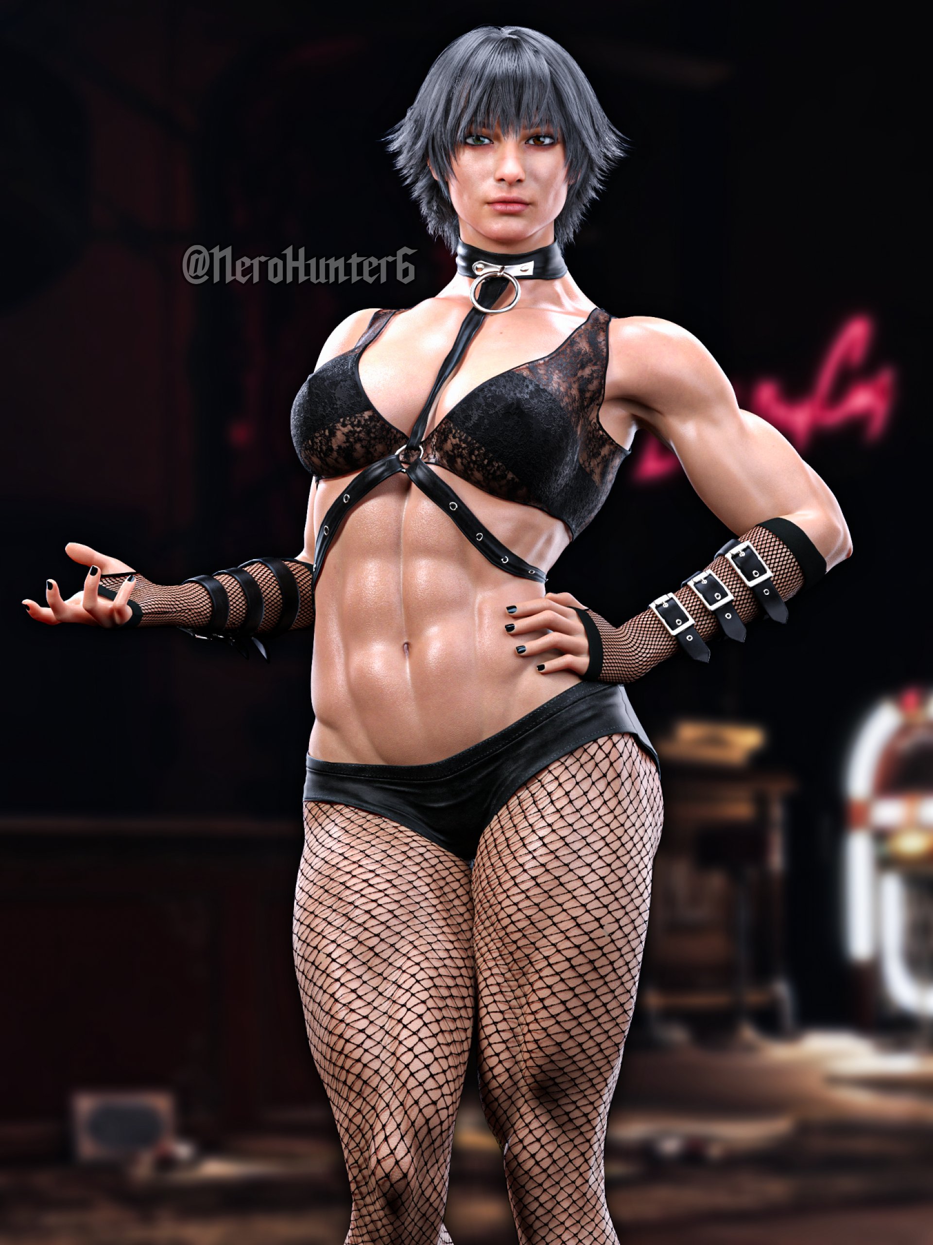 1girls, 3d, abs, absurdres, ass, black hair, bra, breasts, capcom, devil may cry, devil may cry (series), devil may cry 5, female, female only, fishnet legwear, fishnet stockings, fishnets, heterochromia, highres, lady (devil may cry), lingerie, medium breasts, nerohunter6, panties, realistic, solo, solo female