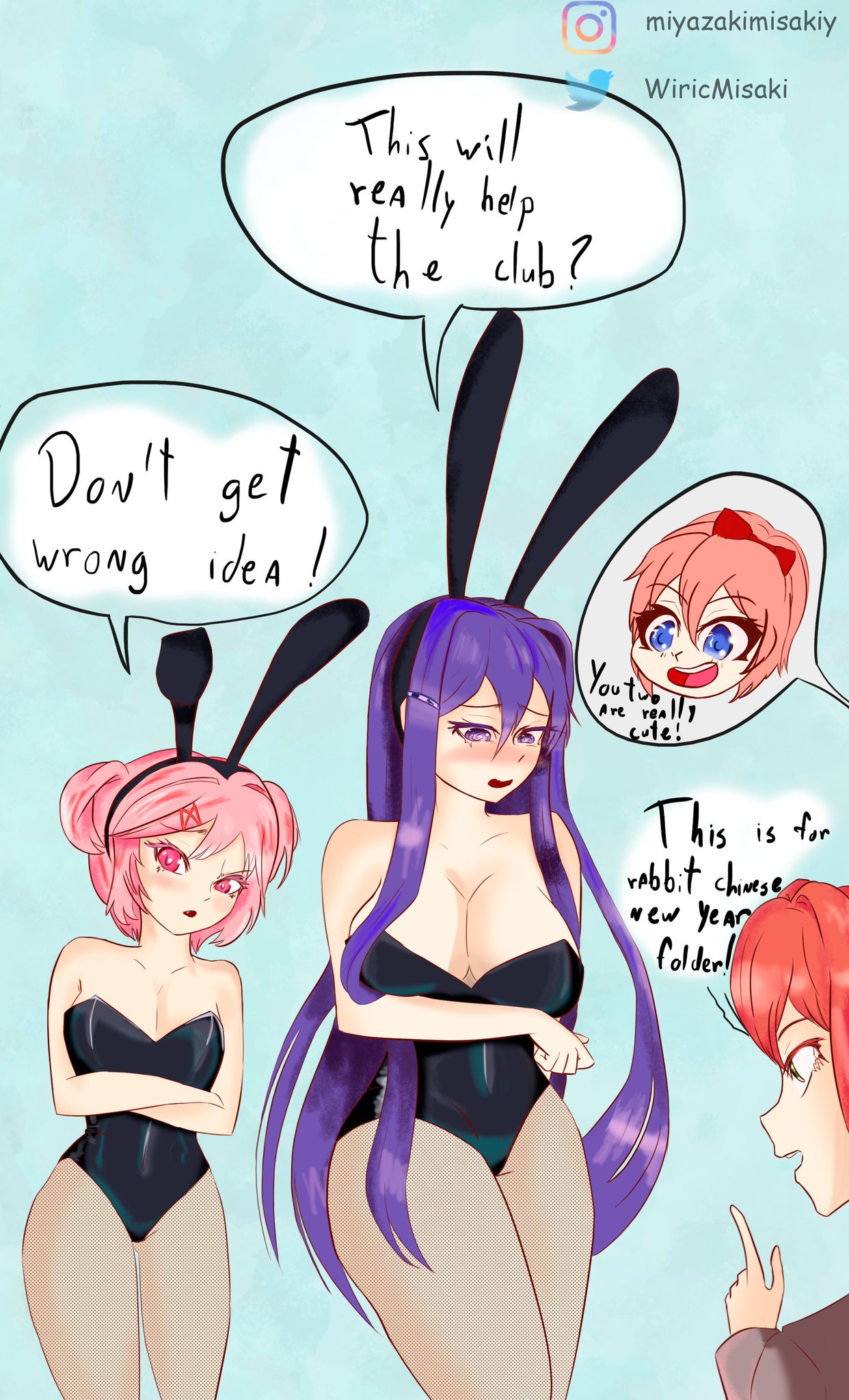 4girls 5_fingers big_breasts breasts bunny_ears bunnysuit cleavage doki_doki_literature_club english_text female female_only instagram_username latex long_hair looking_away looking_down matching_hair/eyes monika_(doki_doki_literature_club) multiple_girls natsuki_(doki_doki_literature_club) pink_eyes pink_hair purple_eyes purple_hair sayori_(doki_doki_literature_club) shiny_clothes short_hair text text_bubble tight_clothing twitter_username wirichiroga wiricmisaki year_of_the_rabbit yuri_(doki_doki_literature_club)